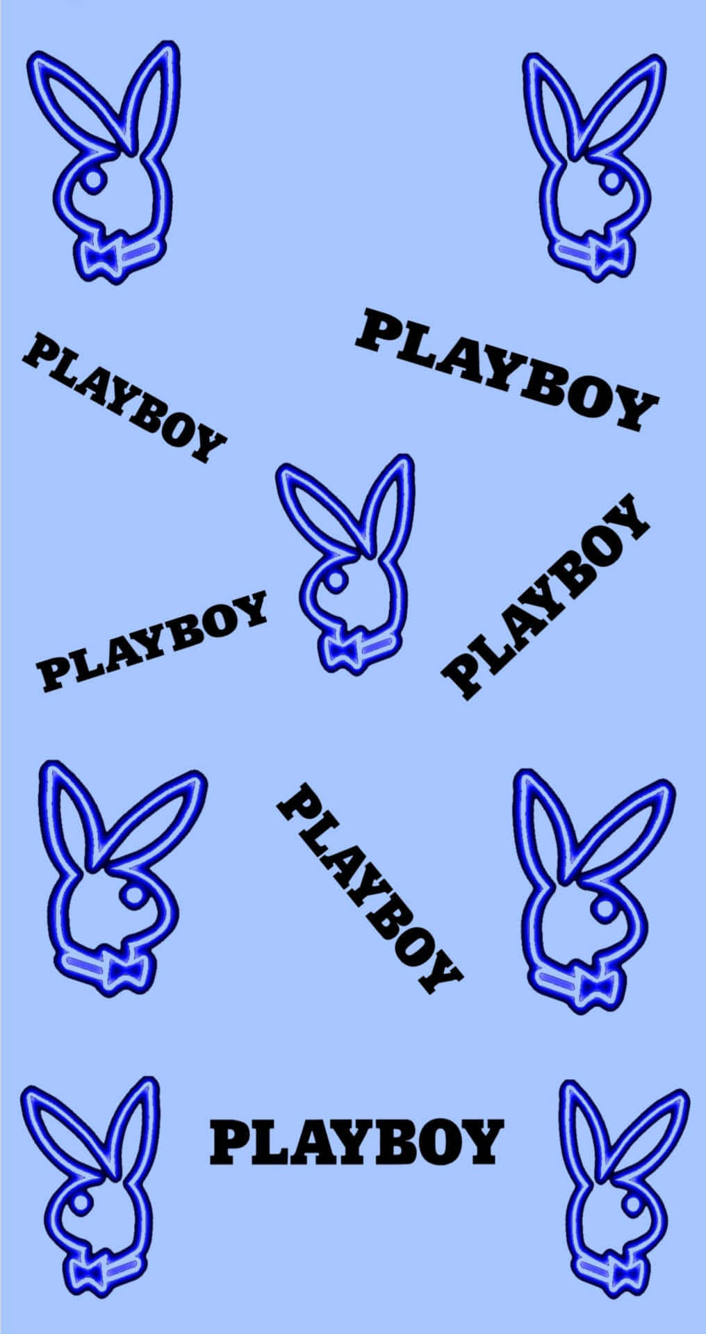 Playboy Aesthetic 桌布 壁紙 — 淺藍色背景上的藍色霓虹燈Playboy兔子標誌和文字圖案。