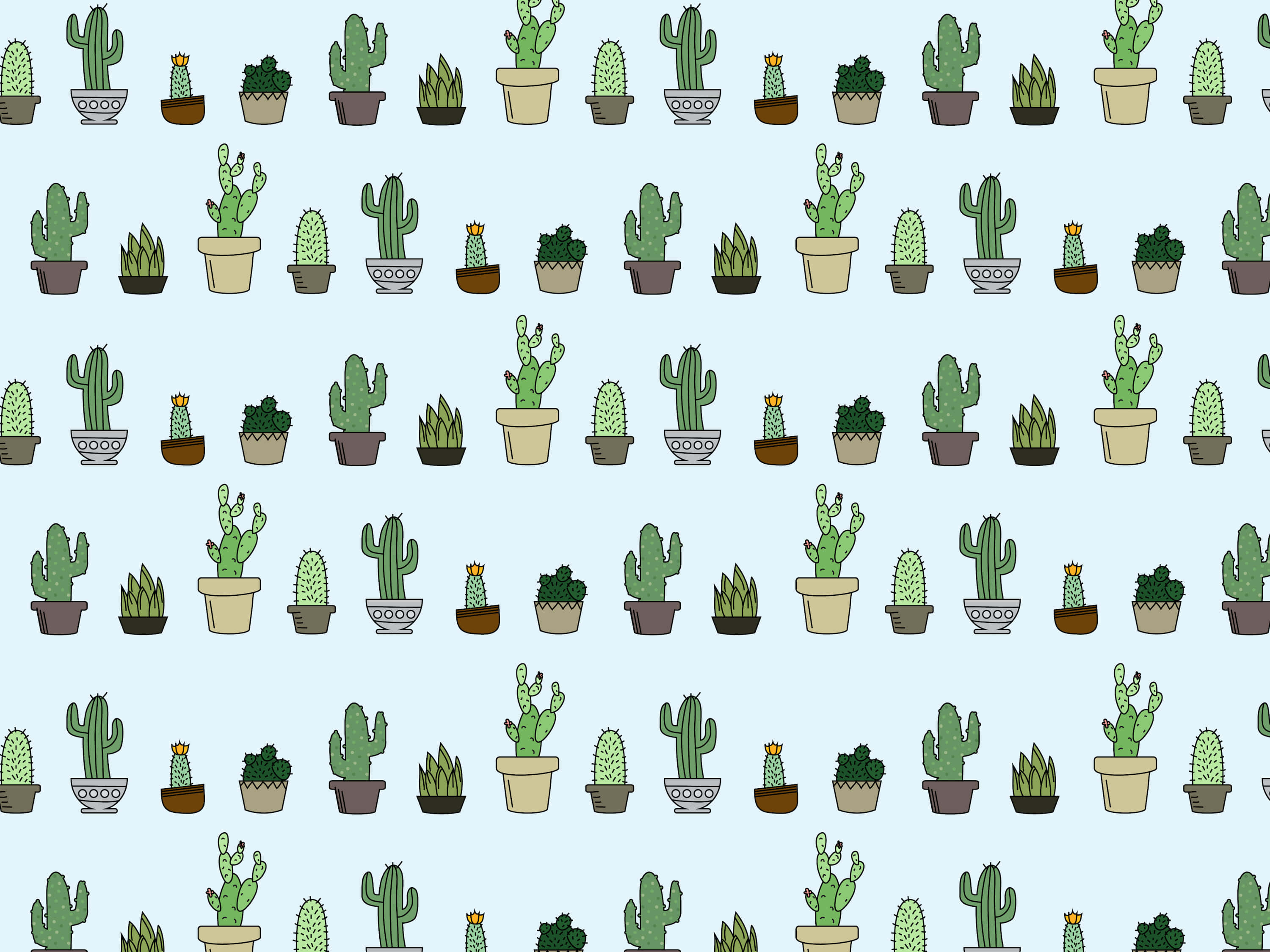 succulent 桌布 壁紙 — 淺藍色背景上重複的卡通盆栽仙人掌圖案。