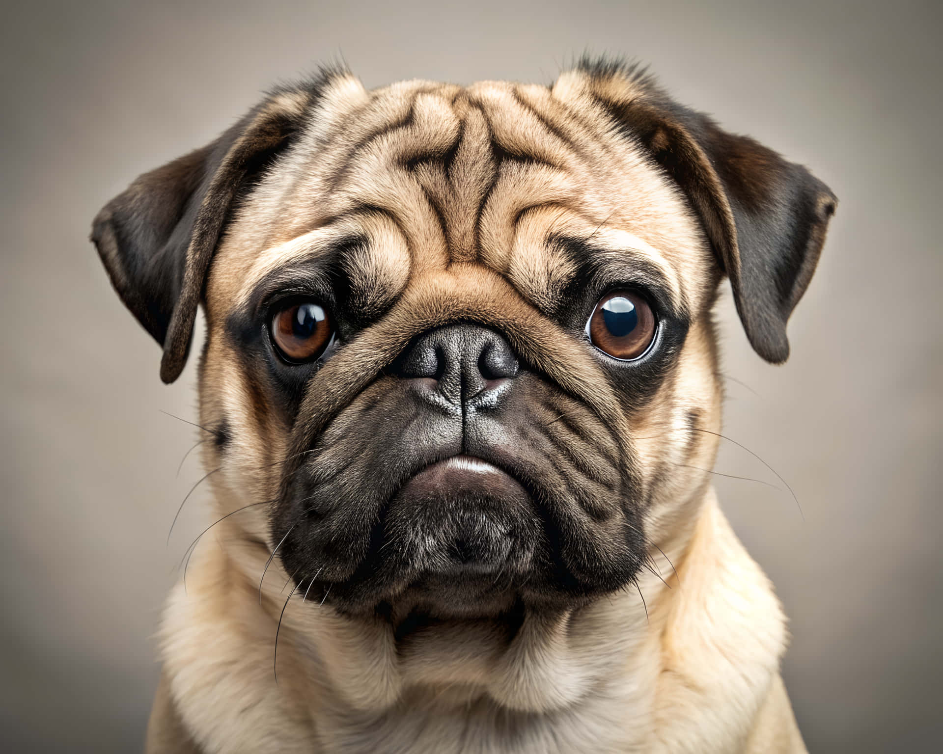 Pug dog 壁紙 — 淺黃色巴哥犬的close-up肖像，臉部有皺紋，棕色眼睛充滿靈魂，背景為柔和的灰色。