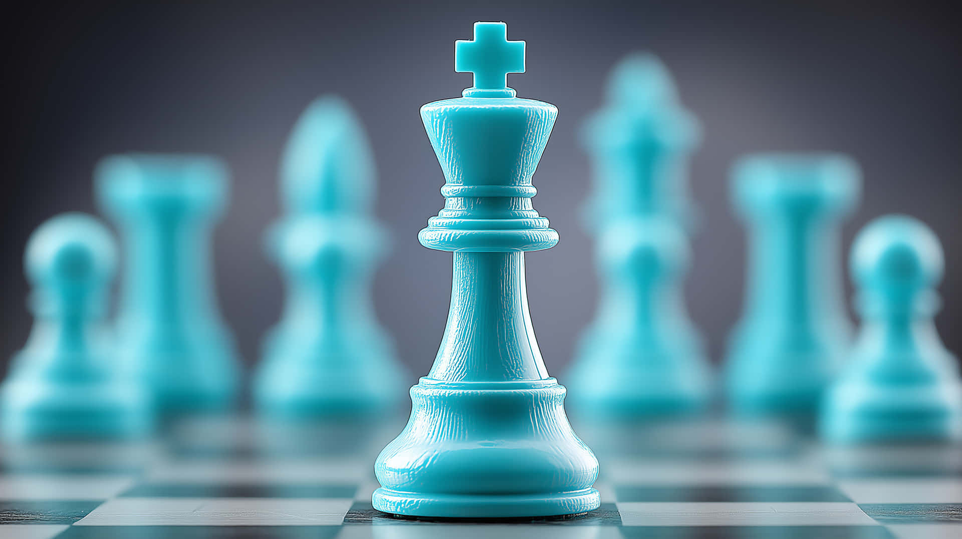 King Chess Piece with Blurred Companions on Checkered Board 壁紙 — 清晰對焦在一個綠松石色的國王棋子上，它高高矗立在棋盤上，背景有模糊的綠松石色棋子。