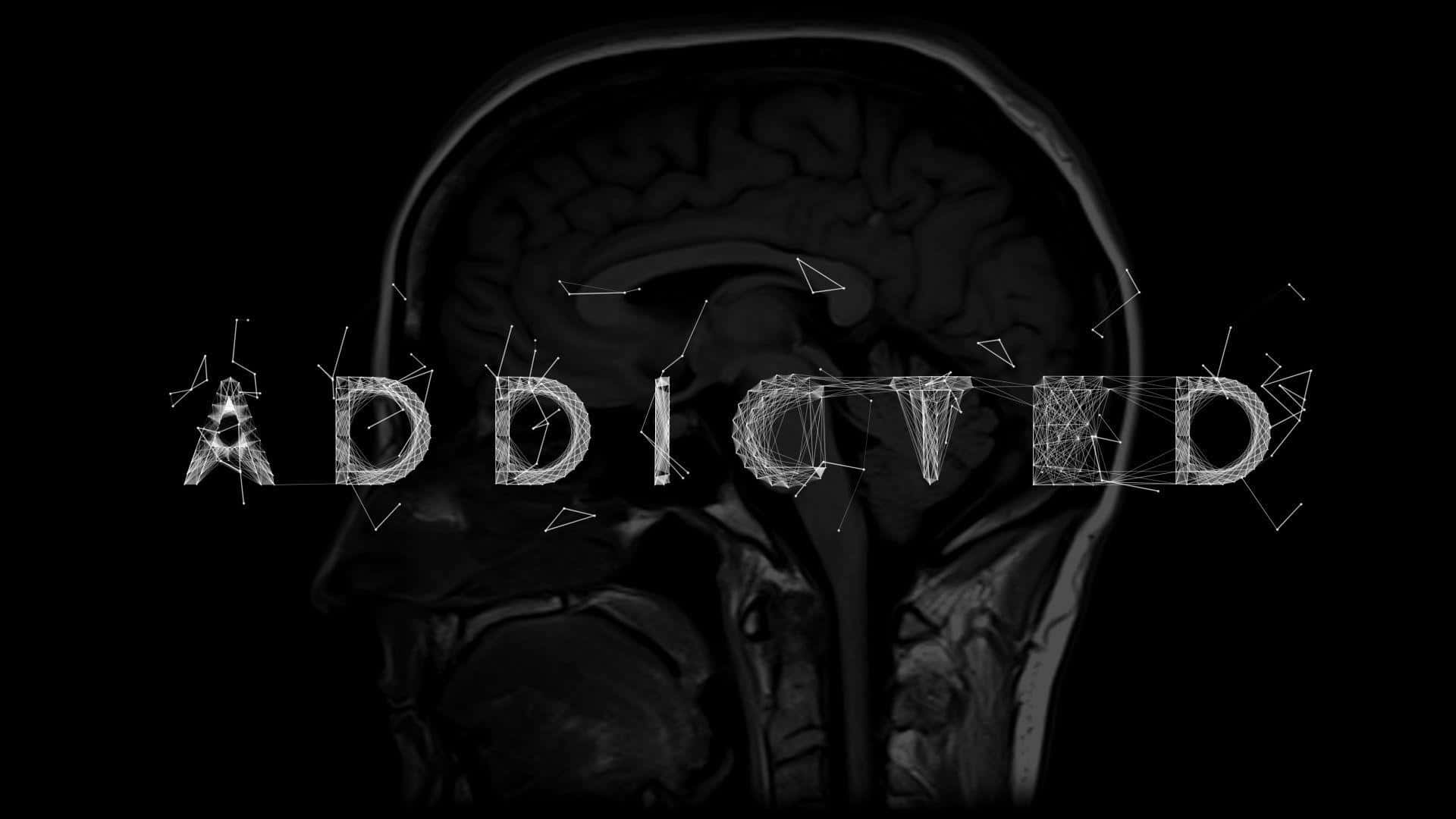 Brain 桌布 壁紙 — 清晰的人腦MRI掃描，發光的線框字母形成「ADDICTED」一詞，疊加在大腦結構上。