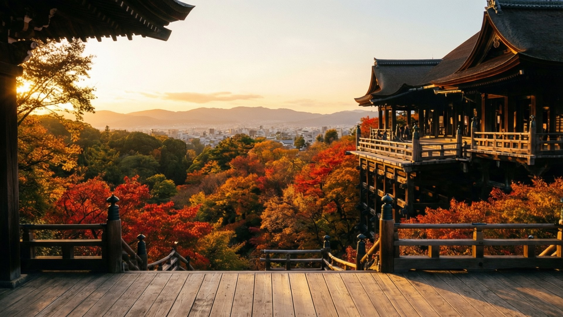 清水寺舞台配以秋葉與夕陽