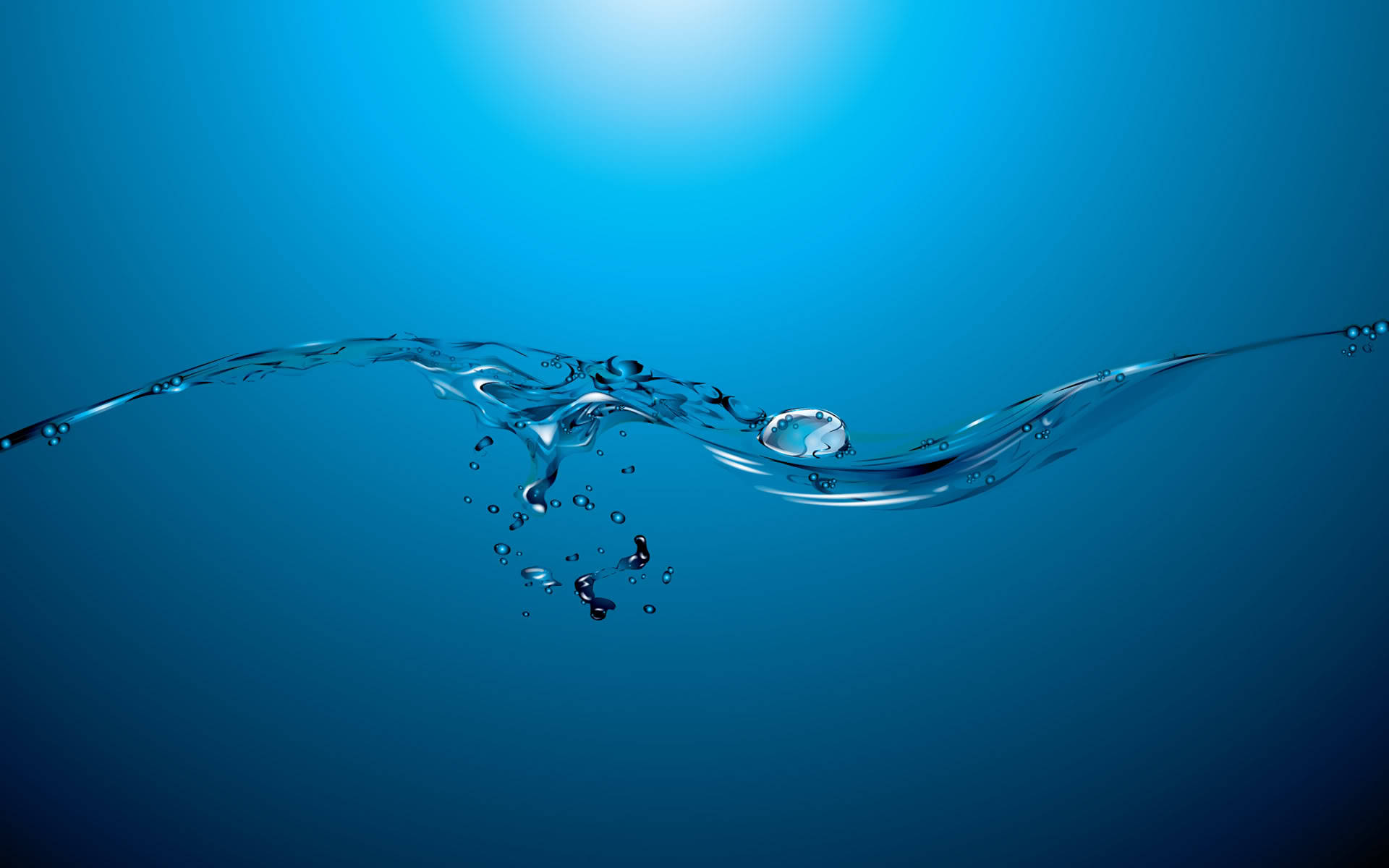 水下動畫 桌布 壁紙 — 清澈水流的動態弧線在漸變藍色背景上飛濺，水滴懸浮在半空中。