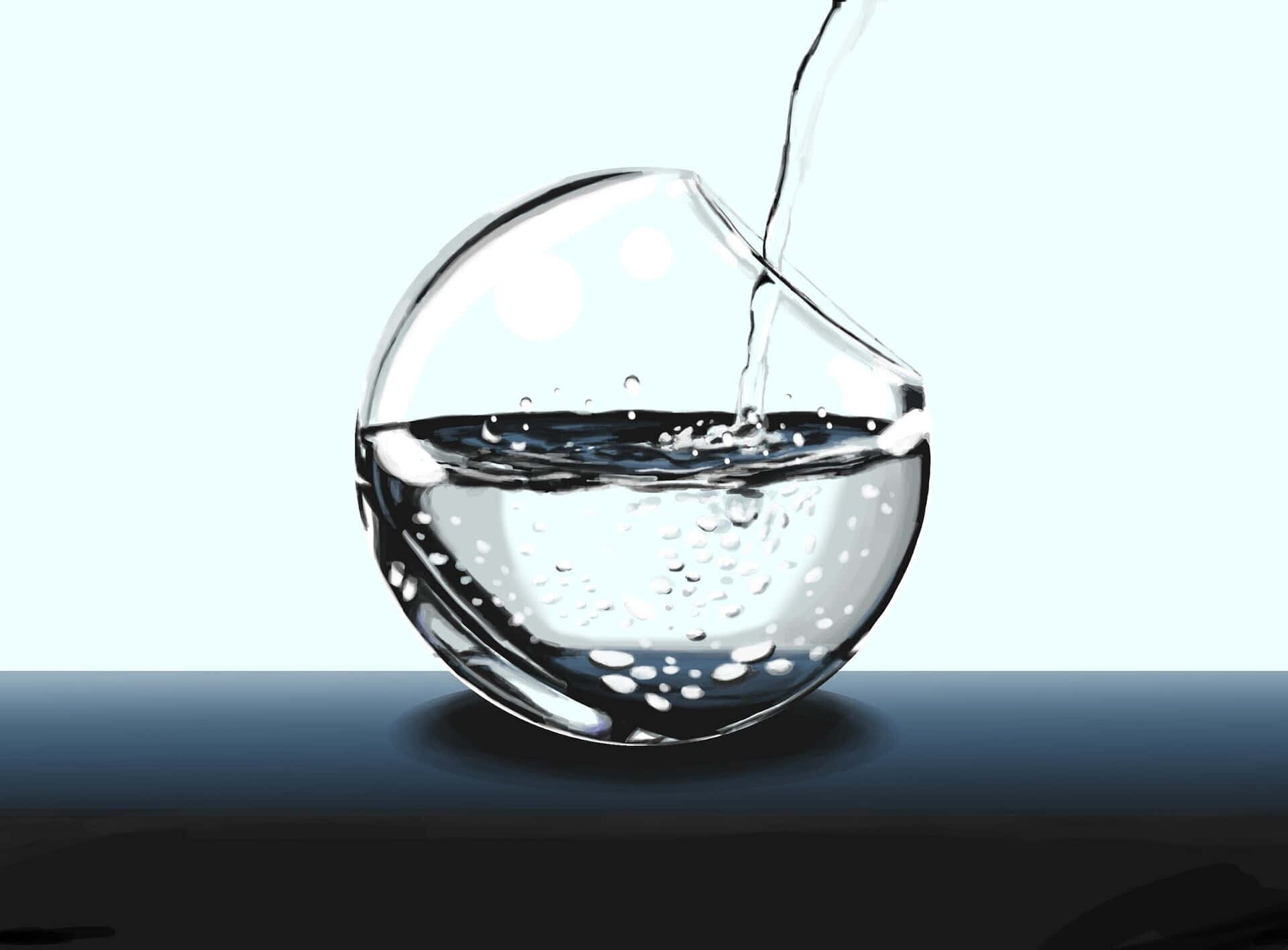 Water Texture 桌布 壁紙 — 清澈的水倒入玻璃球中，在柔和的藍色背景上產生氣泡和漣漪。