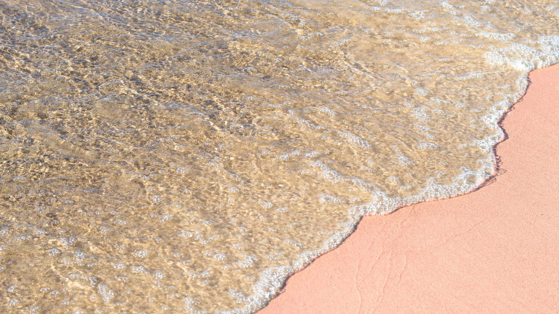 Pink Beach 桌布 壁紙 — 清澈的淺浪帶著白色泡沫輕輕退去，落在柔軟的粉紅色沙灘上。