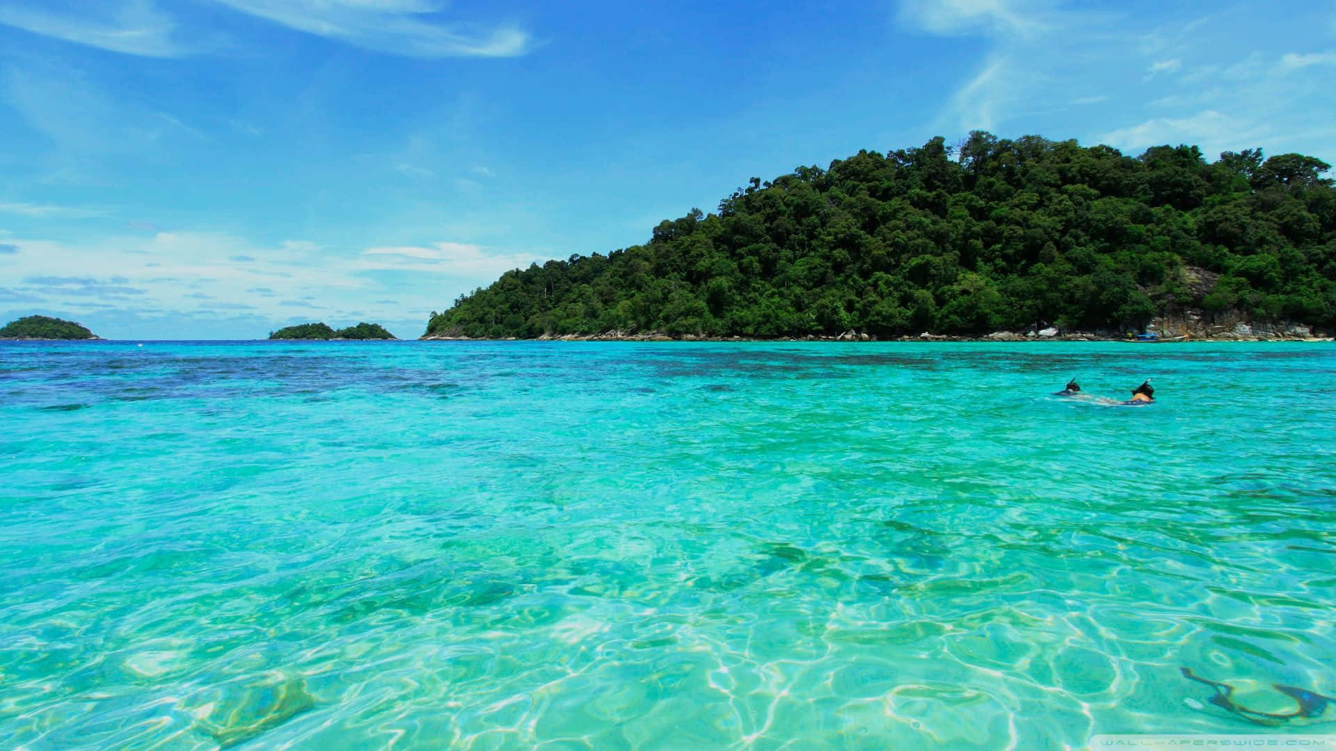 Beautiful Sea 桌布 壁紙 — 清澈的碧綠海水在茂密綠色島嶼周圍輕輕泛起漣漪，天空湛藍，白雲點綴。