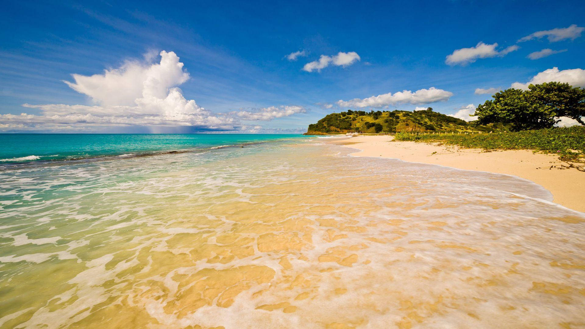 Caribbean 桌布 壁紙 — 清澈的碧綠海浪輕輕拍打著金色的沙灘，天空湛藍，白雲朵朵。