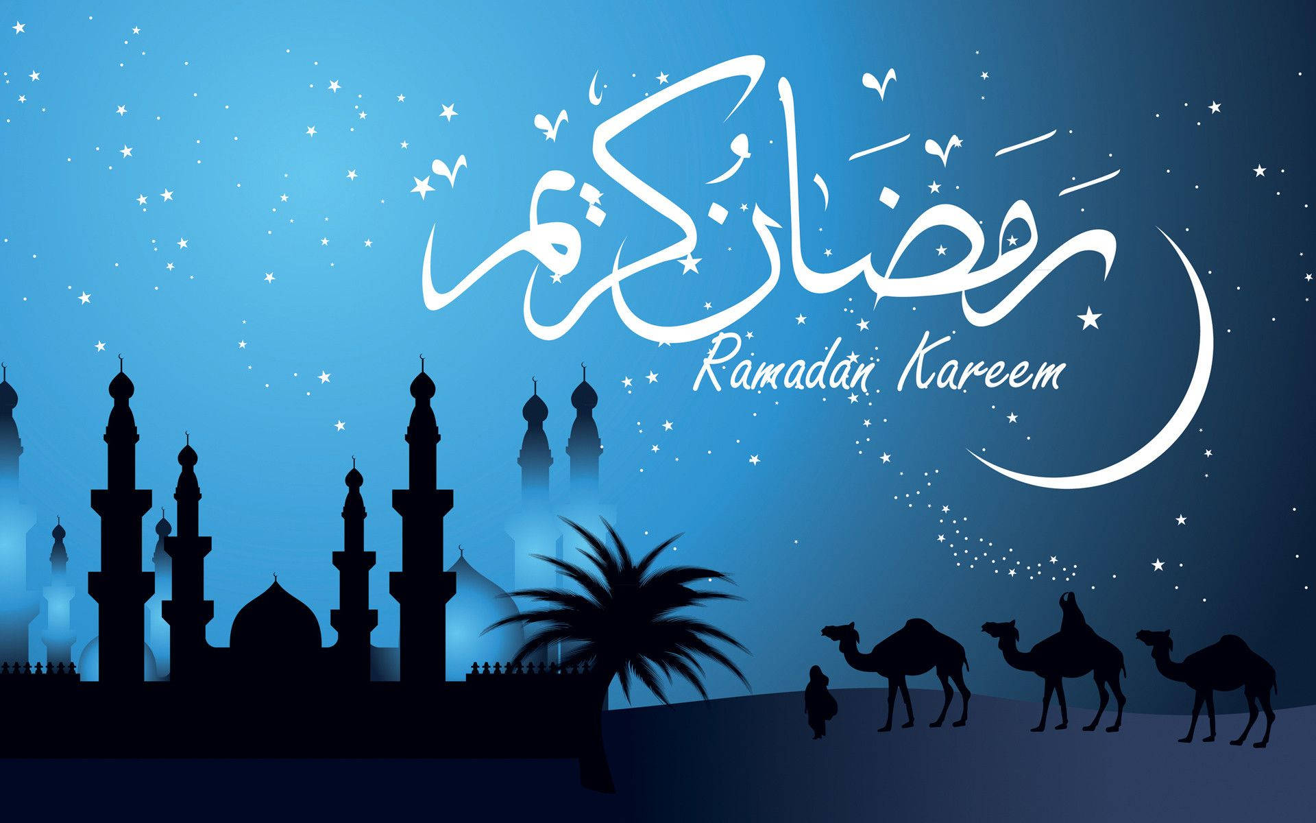 伊斯蘭 桌布 壁紙 — 清真寺、駱駝和棕櫚樹在星空下的剪影，搭配 Ramadan Kareem 阿拉伯書法。
