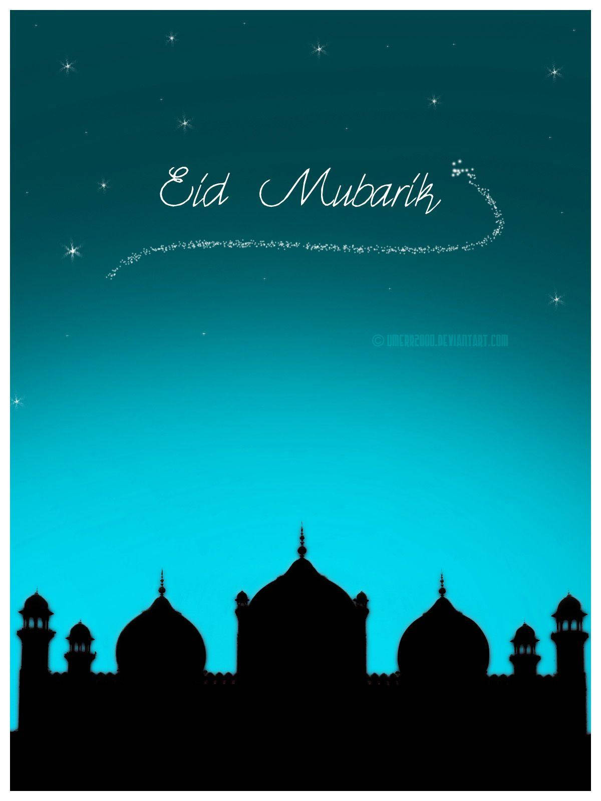 Eid Mubarak 桌布 壁紙 — 清真寺剪影映襯著繁星點點的藍綠色天空，並以閃爍字體寫上「Eid Mubarak」。