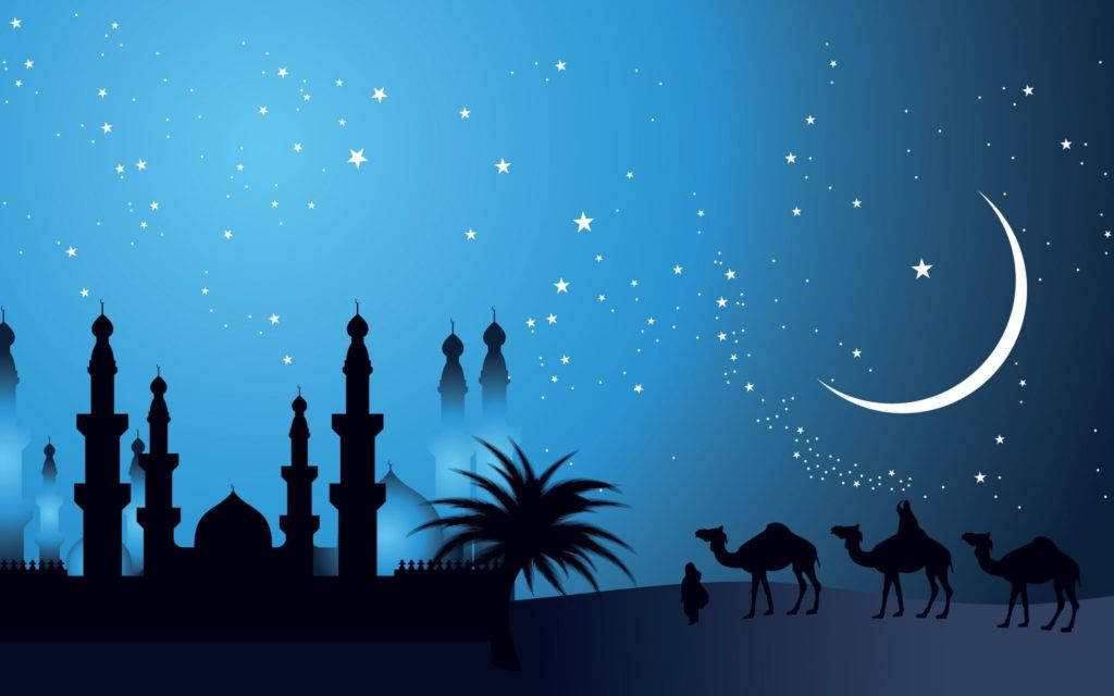 HD Islamic 桌布 壁紙 — 清真寺宣禮塔和棕櫚樹的剪影，在星夜和彎月下襯托著駱駝商隊。