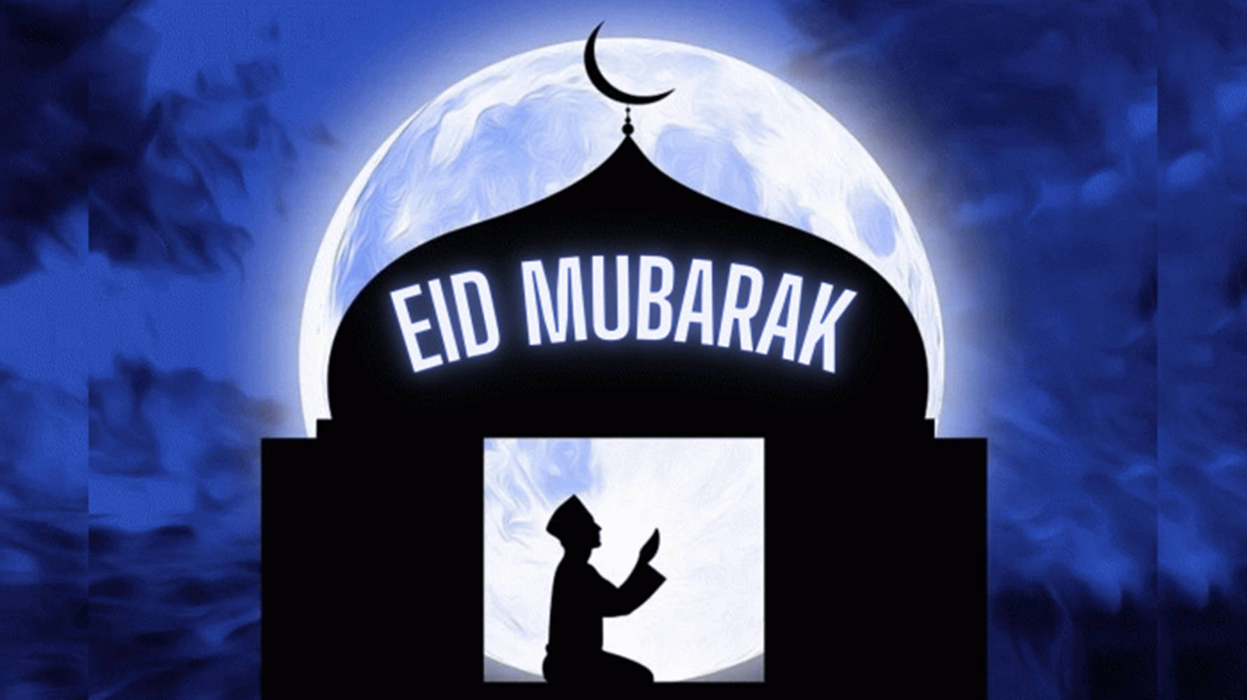 Prayer 桌布 壁紙 — 清真寺的剪影，帶有新月和Eid Mubarak文字，在深藍色夜空和雲朵中發光。