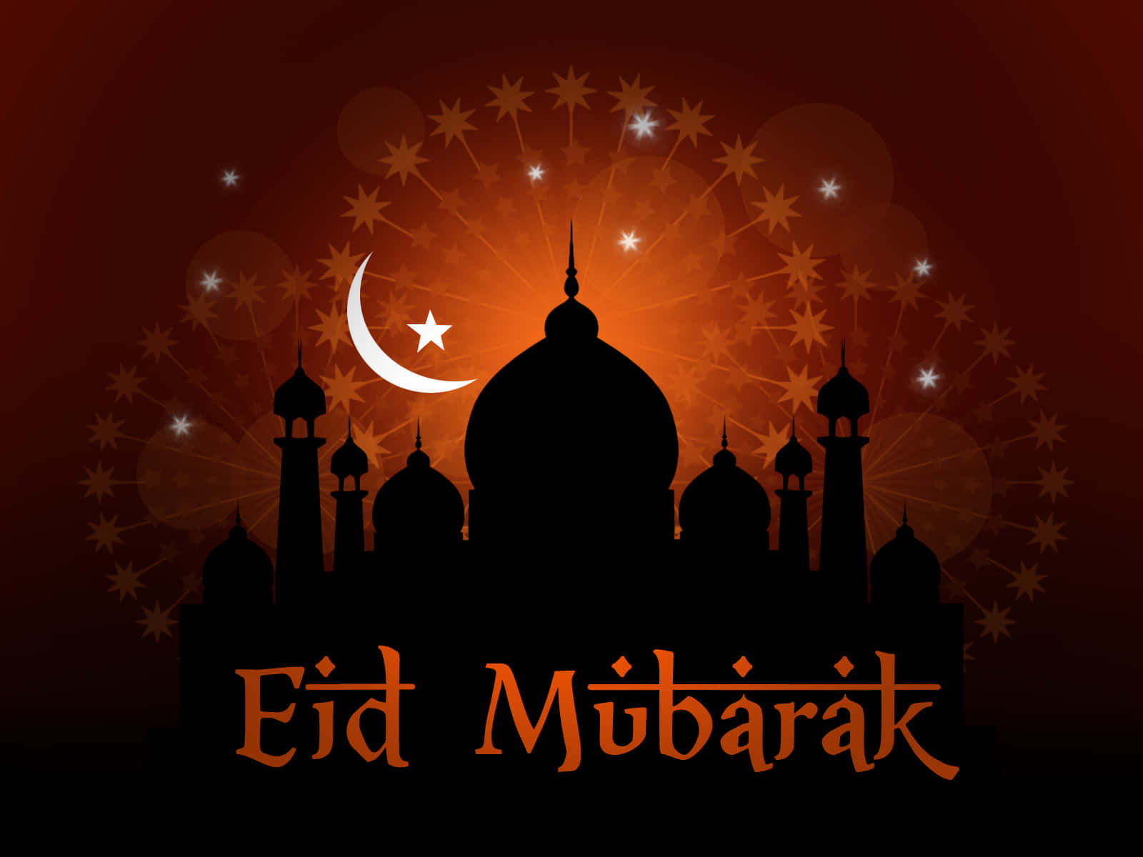 Eid 桌布 壁紙 — 清真寺的剪影，帶有新月和星星，襯以發光的橙色背景，並附有「Eid Mubarak」文字。