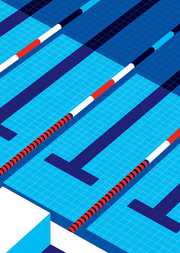 Minimalist Sports 桌布 壁紙 — 游泳池的等角視圖，帶有藍色瓷磚和紅白泳道分隔線。