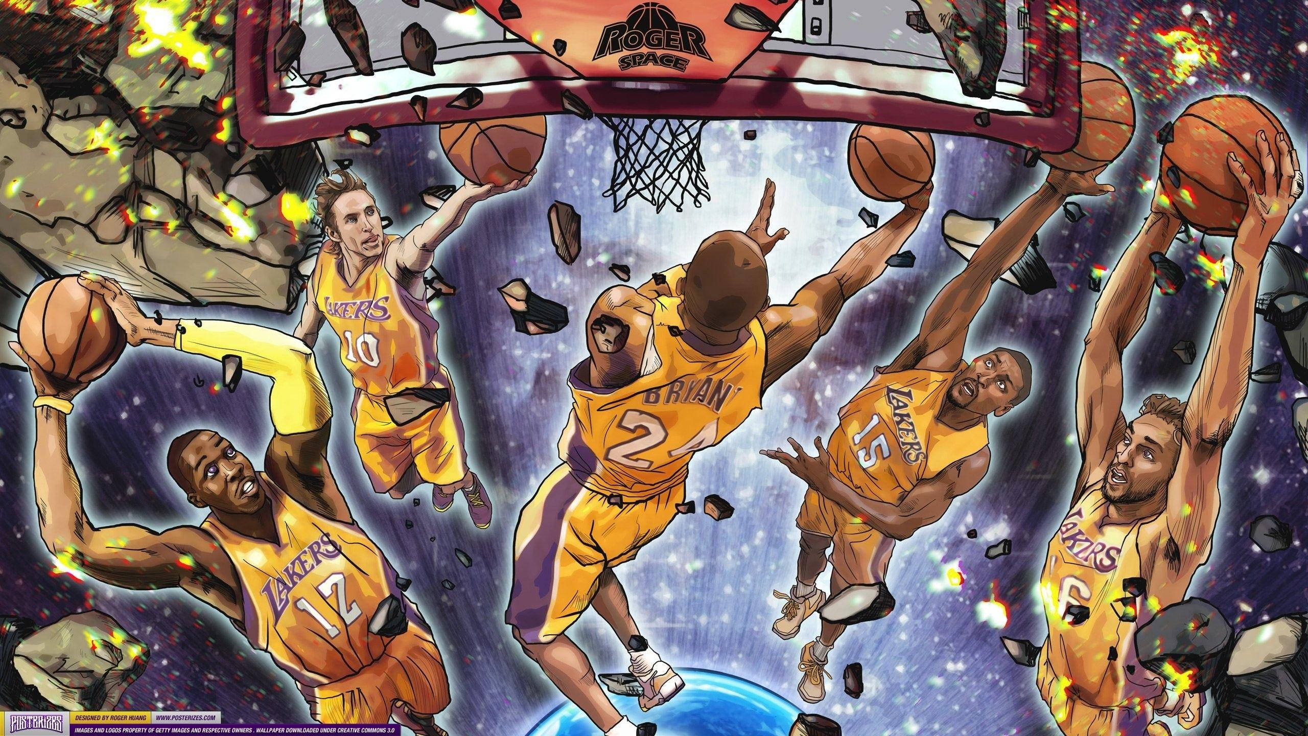 酷 NBA 桌布 壁紙 — 湖人籃球運動員跳過一個宇宙場景，其中有爆炸的籃球框和星星。