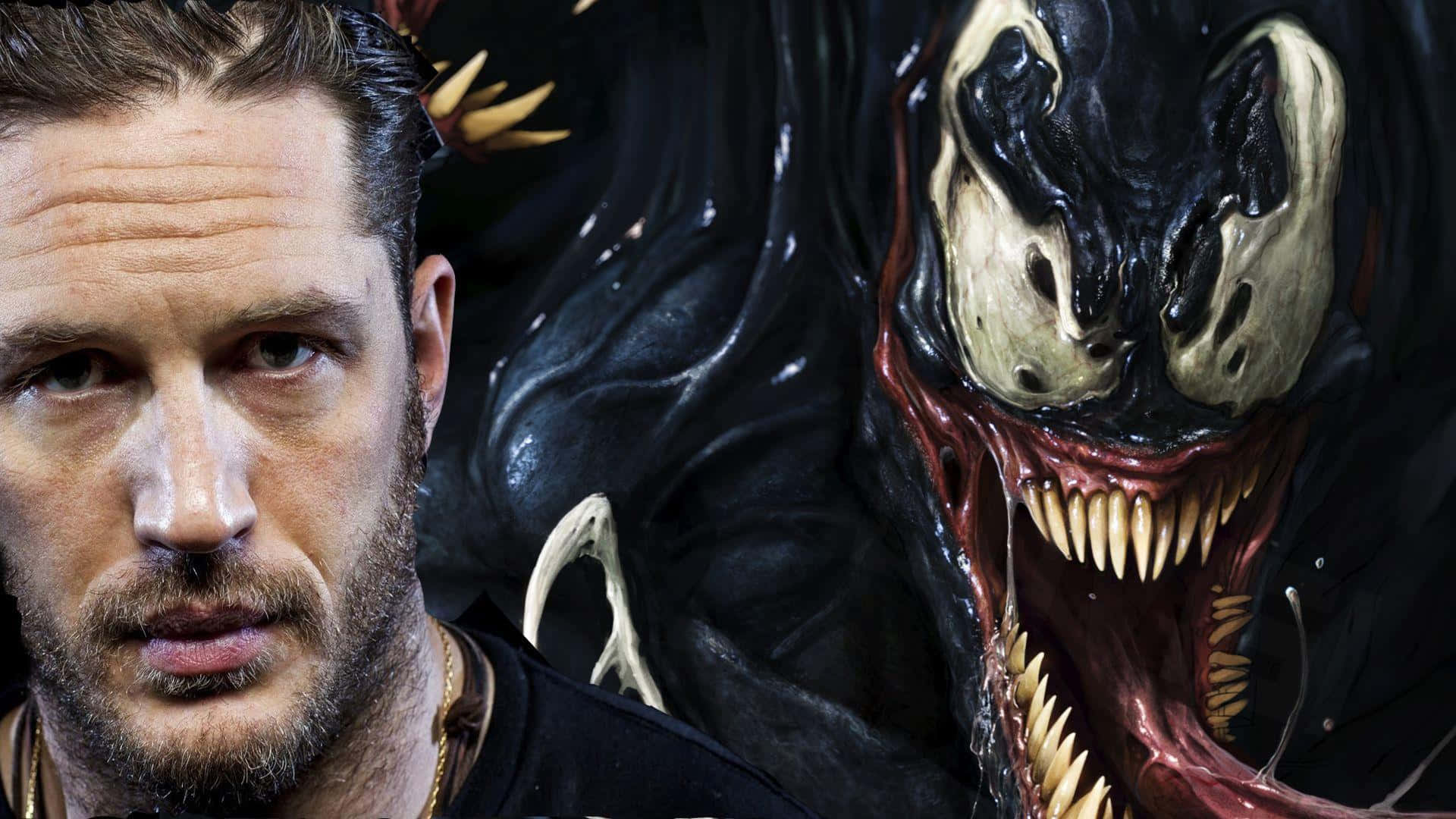 Tom Hardy Venom 桌布 壁紙 — 湯姆·哈迪在充滿威脅、牙齒尖銳、眼睛發光且利爪的毒液共生體旁邊，專注地凝視。