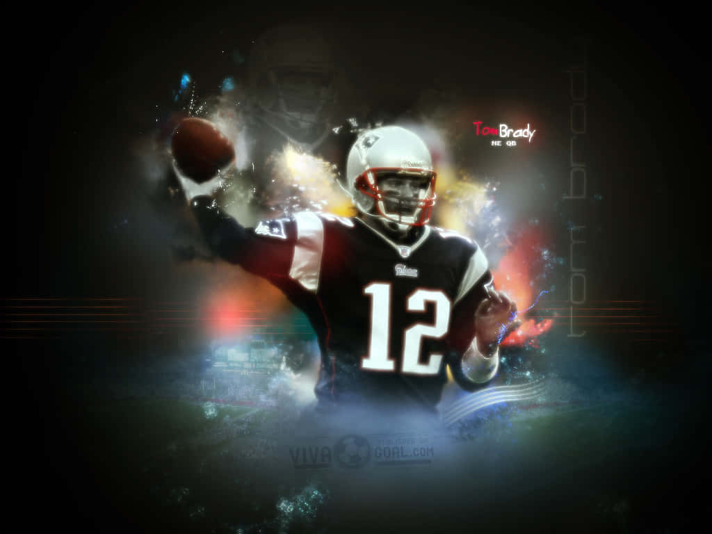 New England Patriots 桌布 壁紙 — 湯姆·布雷迪身穿新英格蘭愛國者隊制服，在黑暗背景中投擲時帶有發光粒子效果。