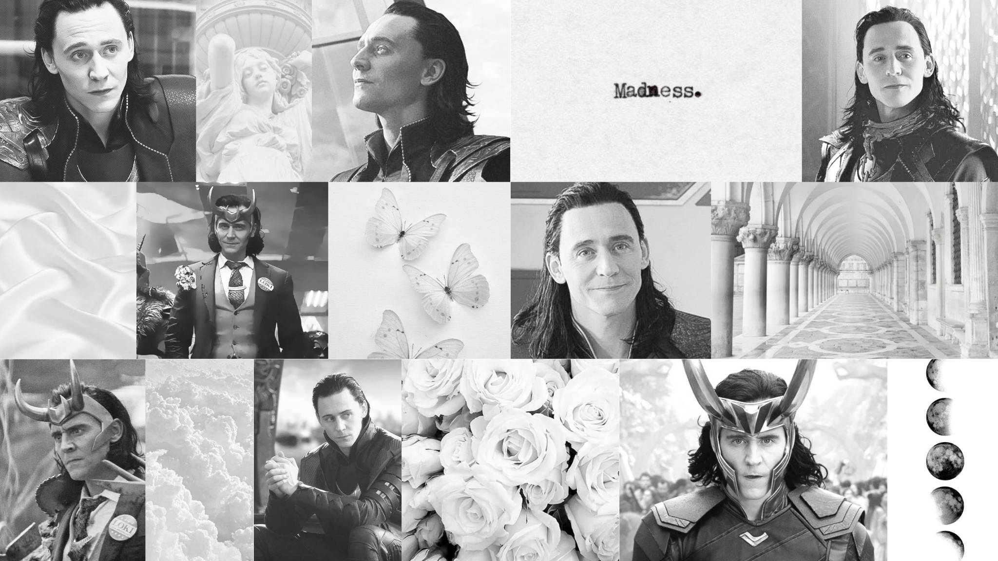 Tom 桌布 壁紙 — 湯姆·希德斯頓飾演洛基的各種標誌性姿勢和服裝的黑白拼貼畫。