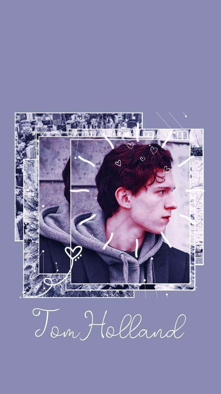 Tom Holland Aesthetic 桌布 壁紙 — 湯姆·霍蘭德側面照，身穿連帽衫，以薰衣草背景上的分層幾何邊框和心形塗鴉框起。