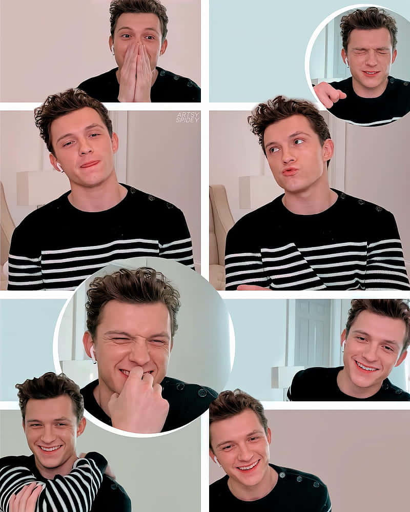 Tom Holland Aesthetic 桌布 壁紙 — 湯姆·霍蘭德身穿黑白條紋襯衫，展現各種俏皮且富有表現力的面部表情的拼貼畫。