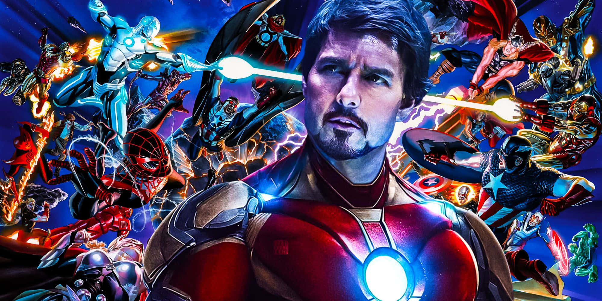 Secret Wars 桌布 壁紙 — 湯姆克魯斯穿著鋼鐵人裝甲向前凝視，一個充滿活力的超級英雄和科幻角色拼貼在他周圍爆炸，背景是宇宙。