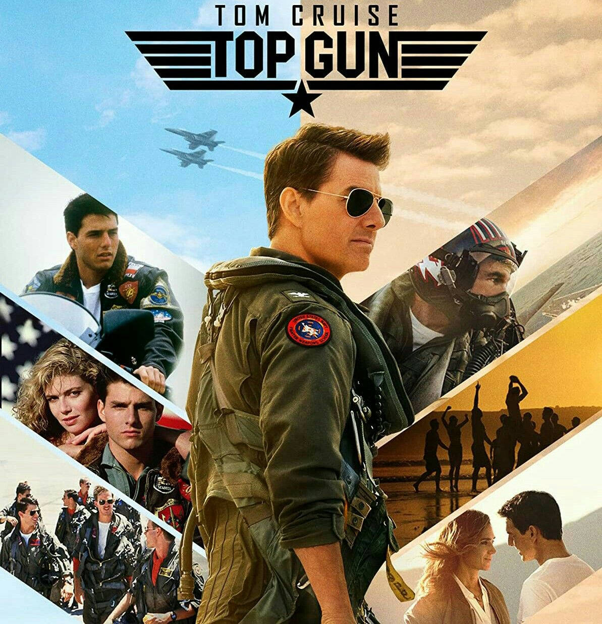 Top Gun 桌布 壁紙 — 湯姆克魯斯身穿飛行服和太陽眼鏡，站在充滿動感的電影海報中央，背景有戰鬥機和演員場景。