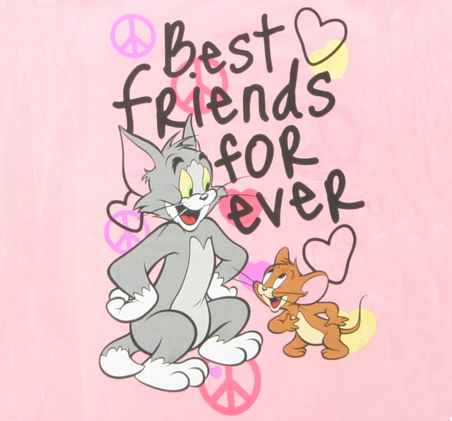 Cute Best Friend 桌布 壁紙 — 湯姆和傑利卡通角色在粉紅色背景上，在「Best Friends for Ever」文字下一起微笑，帶有心形和和平標誌。