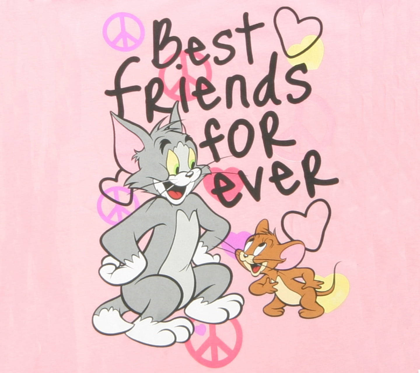 Tom 桌布 壁紙 — 湯姆和傑瑞一起坐在粉紅色背景上，在「Best Friends for Ever」文字下微笑，並帶有心形和和平標誌。