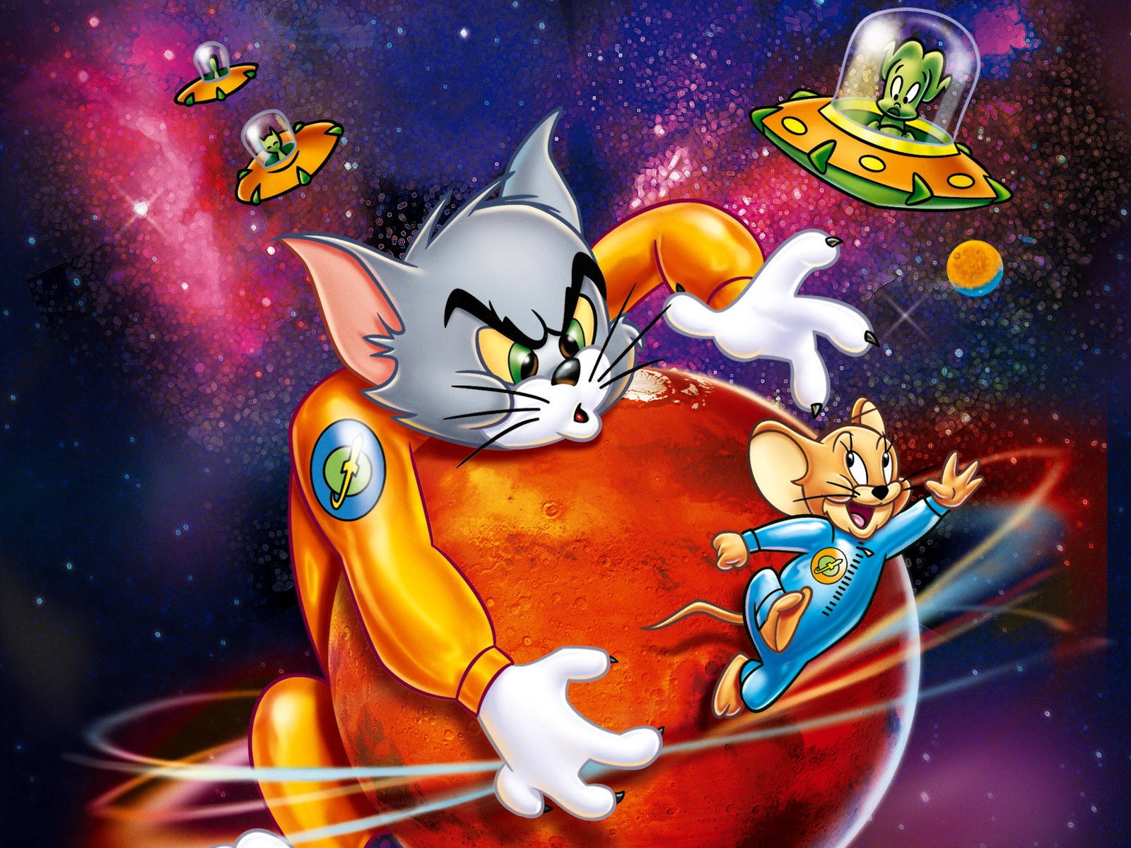 tom and jerry iPhone 桌布 壁紙 — 湯姆和傑瑞在充滿活力的宇宙場景中追逐，其中有外星UFO和一個紅色星球。