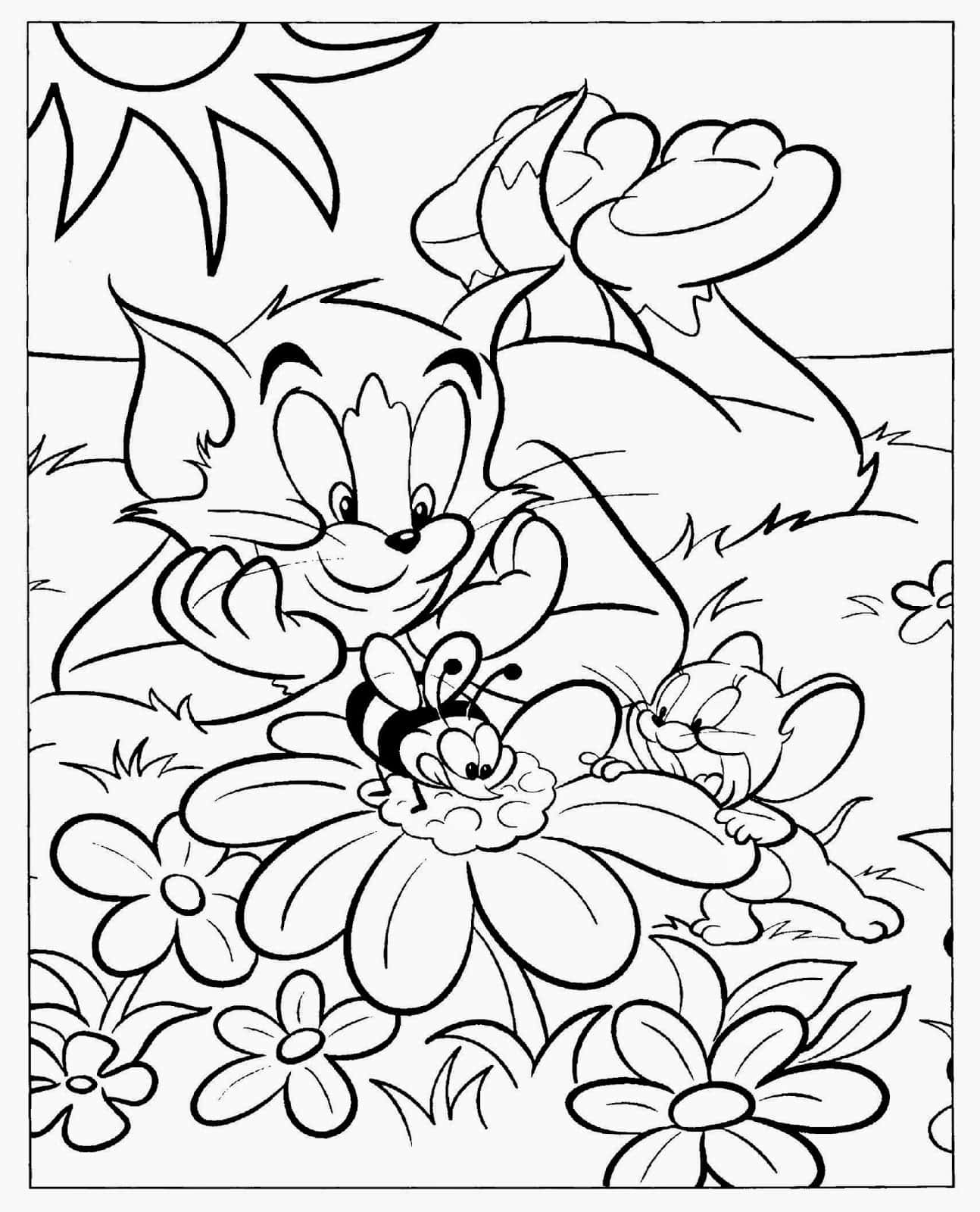 Cartoon Colouring 桌布 壁紙 — 湯姆和傑瑞在太陽下的花朵上與蜜蜂嬉戲互動的黑白線條著色頁。