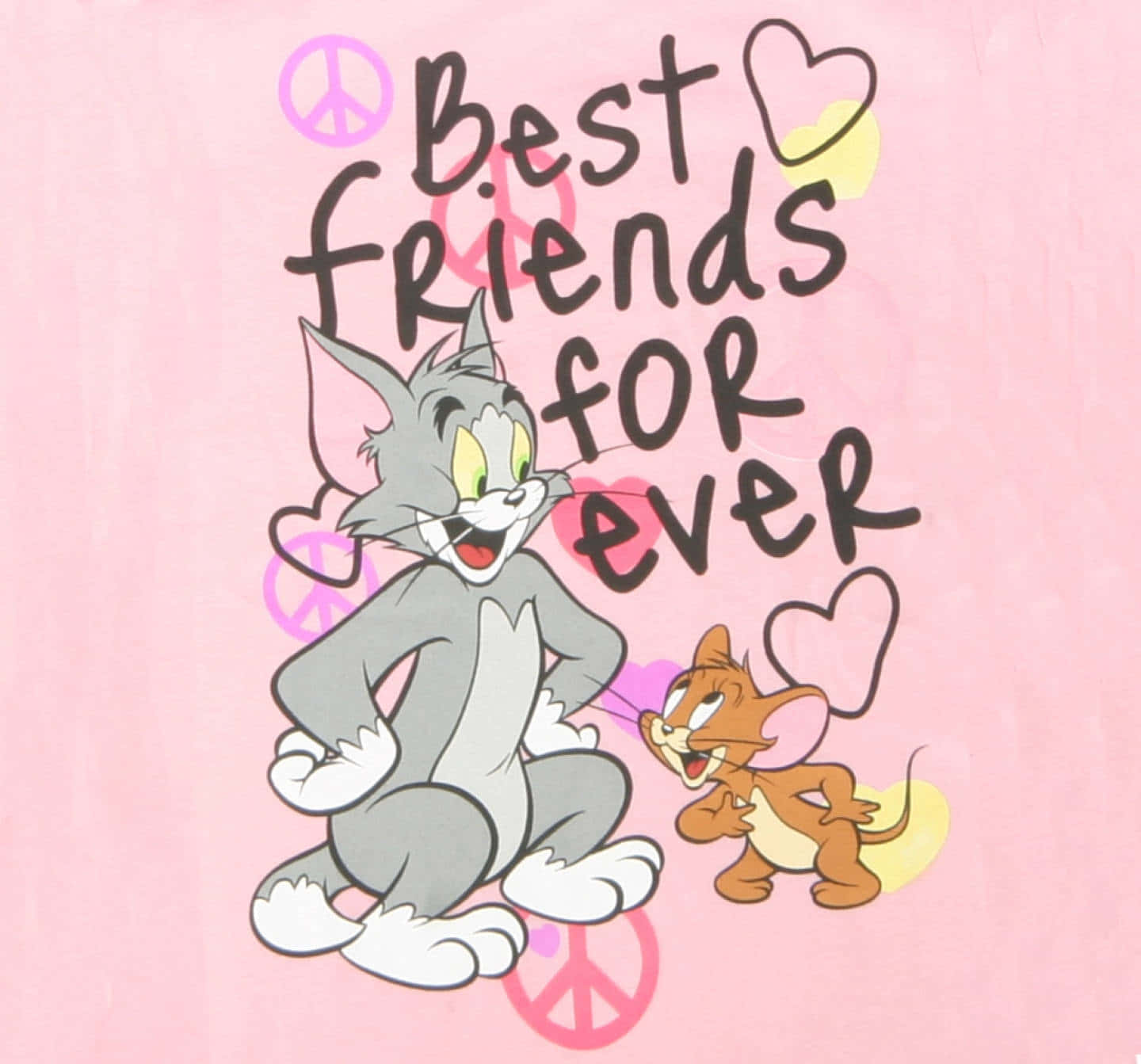 桌布 壁紙 — 湯姆和傑瑞在粉紅色背景上，圍繞著「Best Friends for Ever」這句話，愉快地擺出和平手勢和心形姿勢。