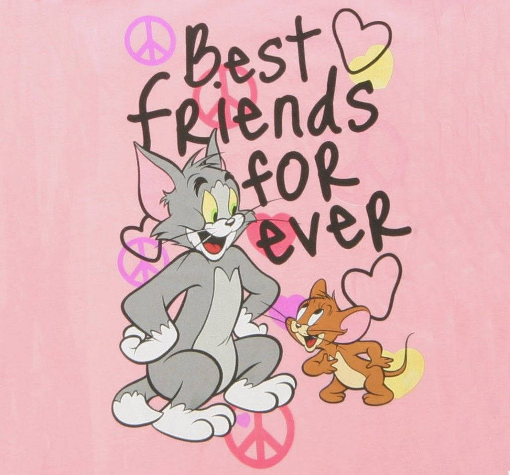 摯友 桌布 壁紙 — 湯姆和傑瑞在粉紅色背景上，圍繞著「Best Friends for Ever」字句，愉快地擺出和平手勢和心形。