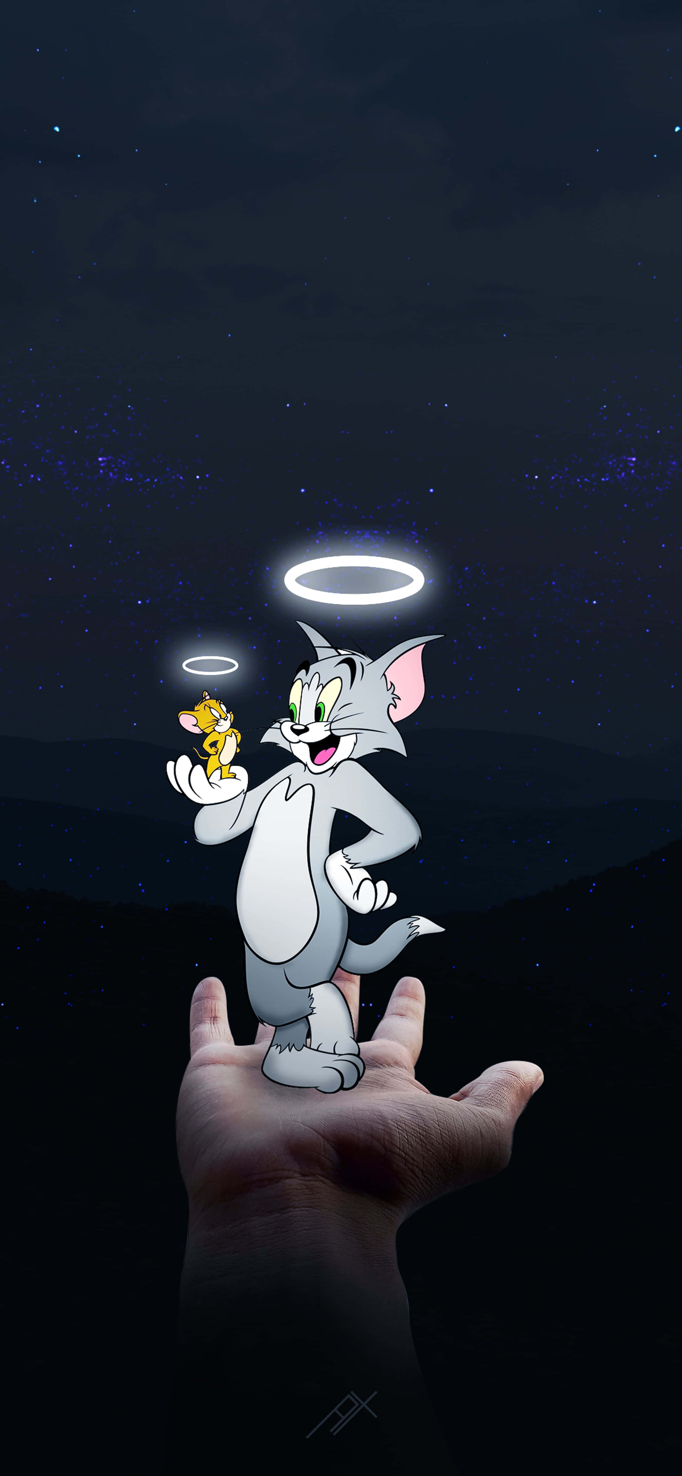 Cartoon 桌布 壁紙 — 湯姆和傑瑞在繁星點點的夜空中漂浮在人類手掌上方，兩人都戴著天使光環，表情歡樂。