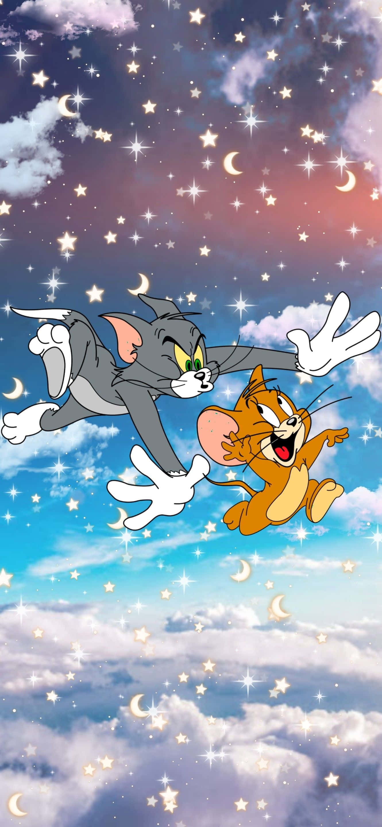 Cute Cartoon Characters 桌布 壁紙 — 湯姆和傑瑞快樂地翱翔在滿佈閃爍星星和彎月的星空之中。