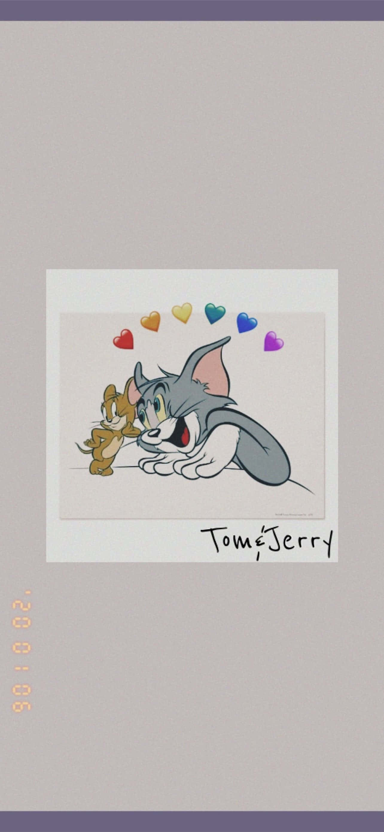 Tom And Jerry Funny 桌布 壁紙 — 湯姆與傑利卡通角色，上方有彩虹愛心，背景為淺色。
