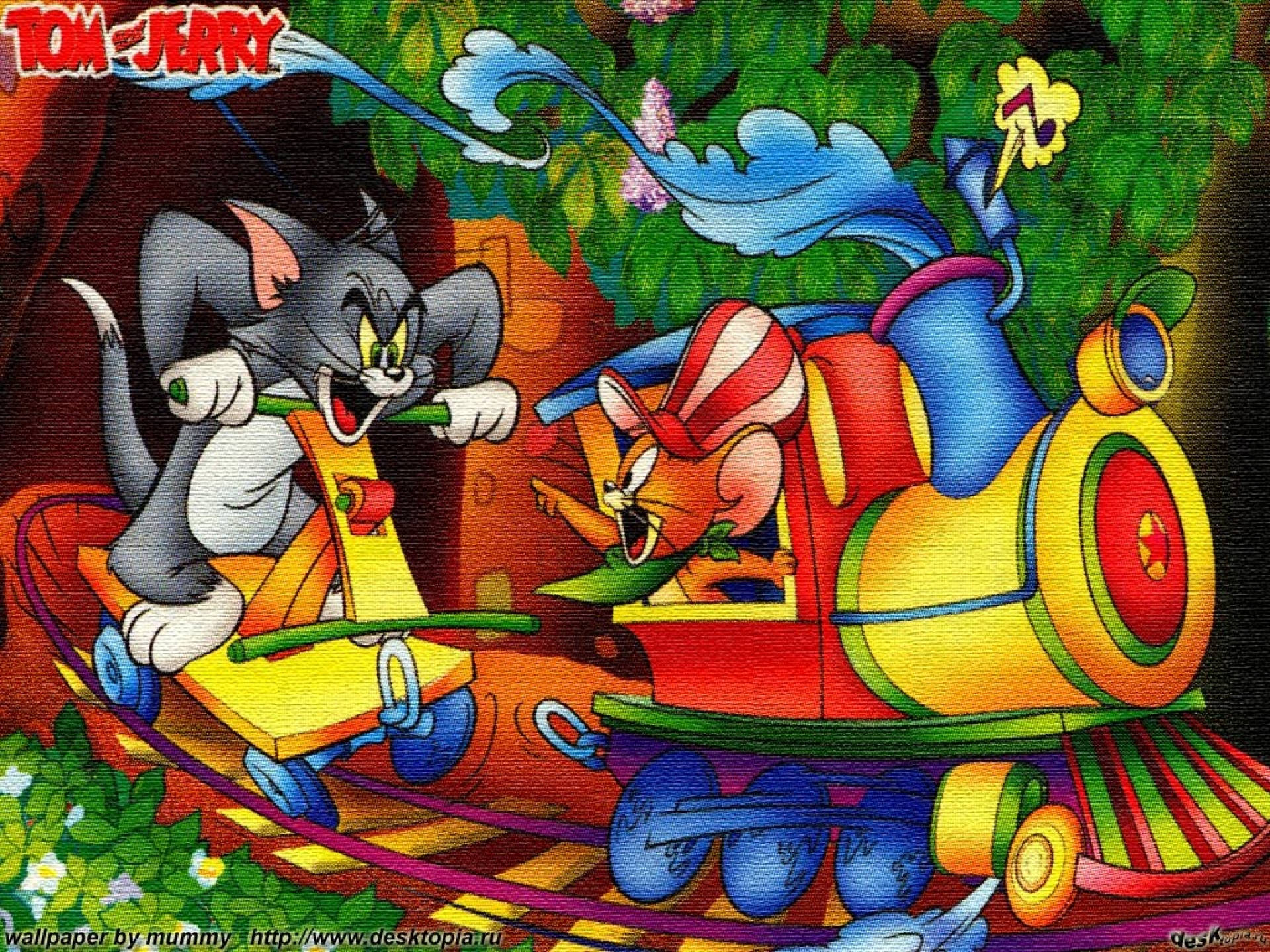 tom and jerry iPhone 桌布 壁紙 — 湯姆與傑利在色彩繽紛的卡通火車上，穿過茂密的叢林場景互相追逐。