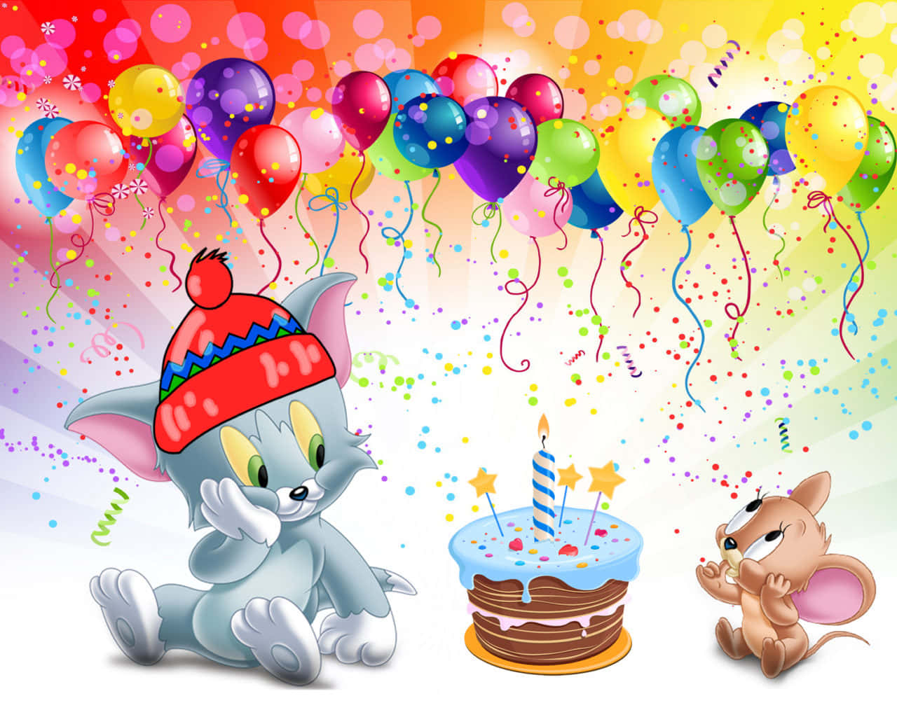 Birthday Cake 桌布 壁紙 — 湯姆與傑利用蛋糕、蠟燭、氣球和五彩紙屑慶祝生日，場景充滿活力卡通風格。