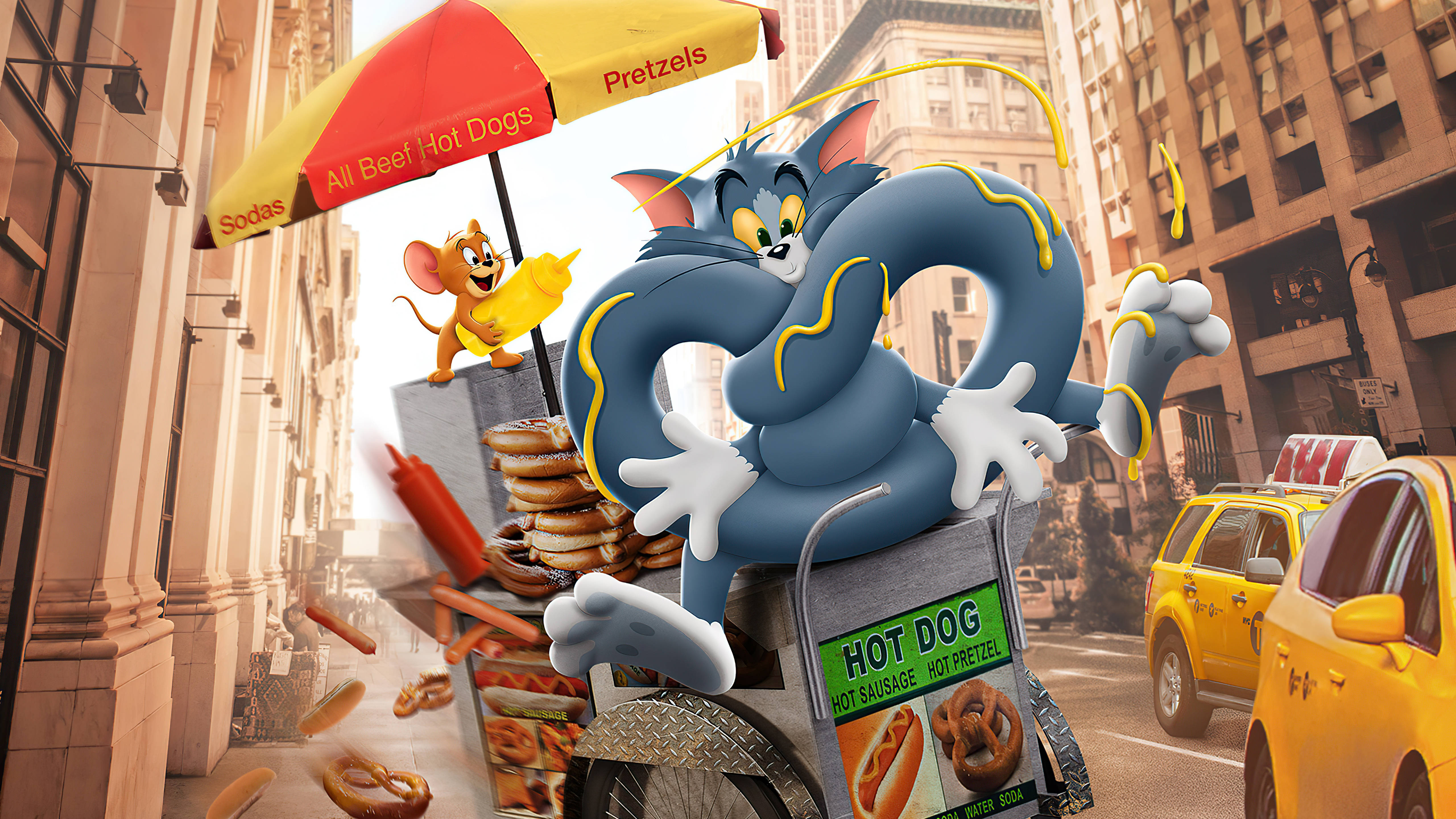 tom and jerry iPhone 桌布 壁紙 — 湯姆貓在繁忙的城市街頭美食車上愉快地旋轉一個巨大的蝴蝶結麵包，傑利鼠則坐在上面。