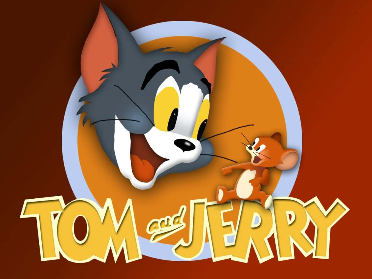 Tom And Jerry Funny 桌布 壁紙 — 湯姆貓與傑利鼠以經典卡通姿勢呈現在大膽的橙色和紅色背景上，並帶有他們的標題標誌。