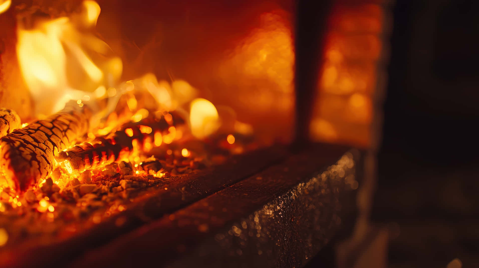 Cozy Fireplace with Burning Wood and Glowing Embers 壁紙 — 溫暖壁爐中發光的餘燼和劈啪作響的木柴特寫，將金色光線投射在磚塊和石頭上。