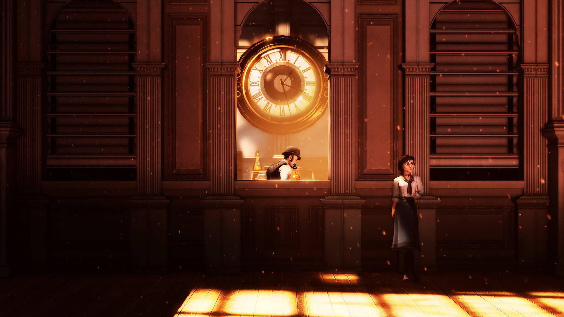 Bioshock Infinite 桌布 壁紙 — 溫暖照亮的宏偉鐘樓內部，兩人在金色陽光下站立。