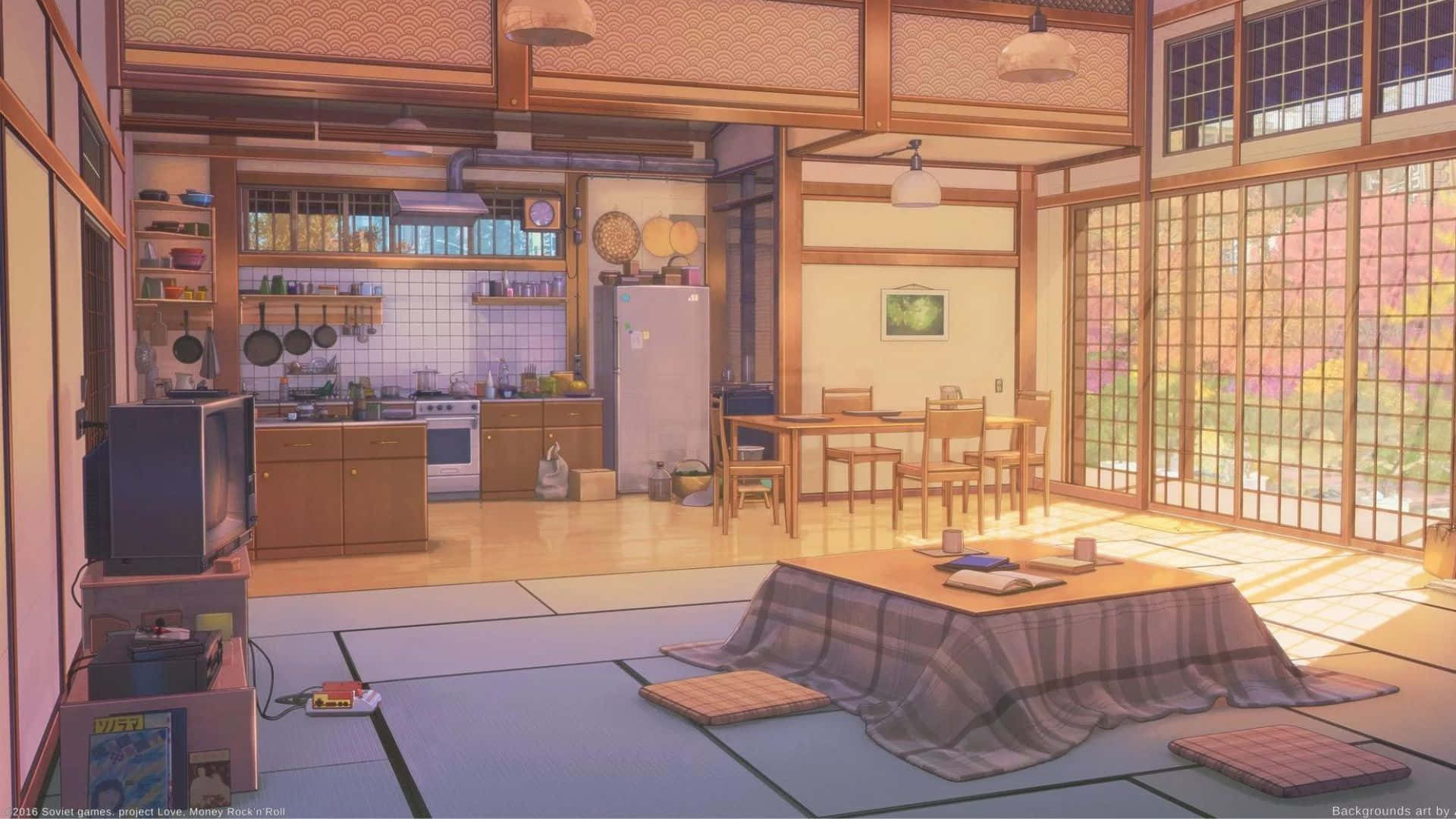 Aesthetic Anime Bedroom 桌布 壁紙 — 溫暖照明的傳統日式房間，配有榻榻米、矮桌和展示外面秋葉的障子屏風。
