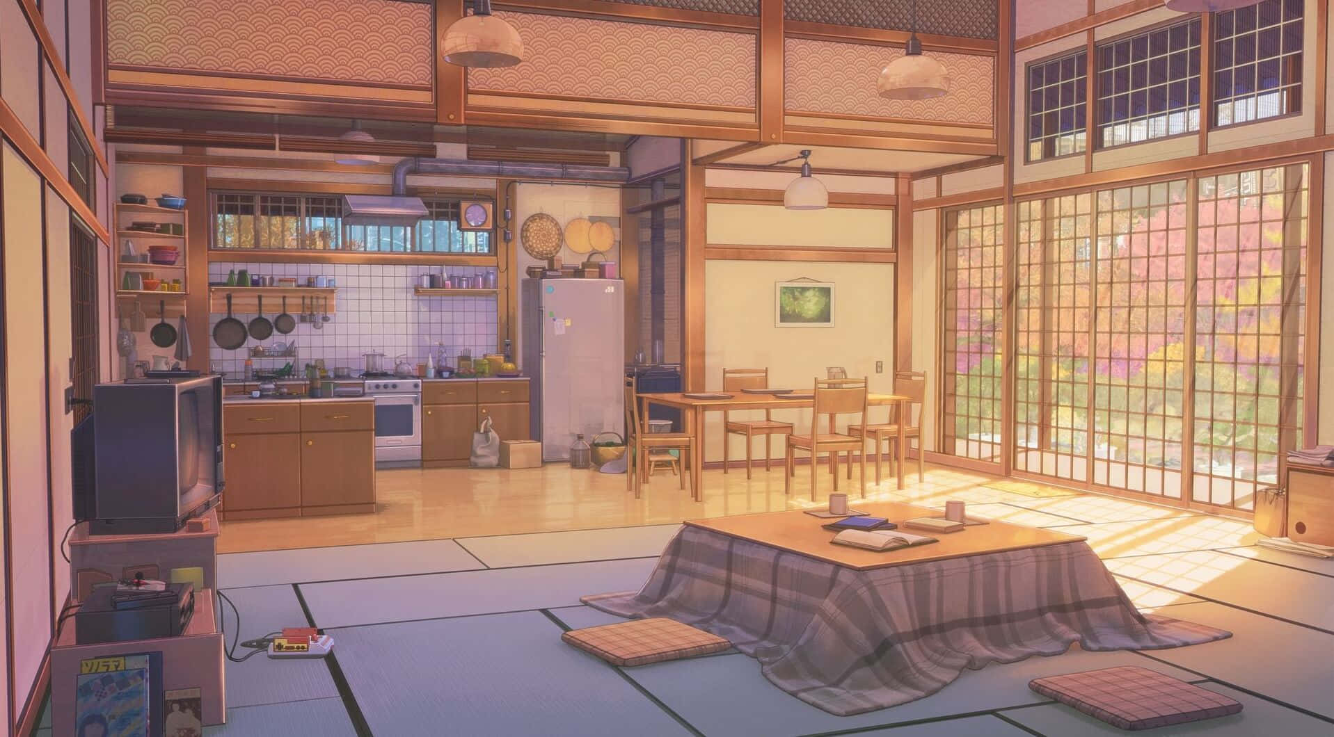 Anime Living Room 桌布 壁紙 — 溫暖照明的傳統日式榻榻米房間，配有木樑和推拉門，外面可見秋葉。