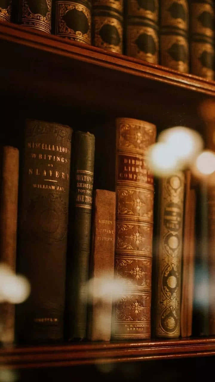 Aesthetic Books 桌布 壁紙 — 溫暖照明的復古書架，擺滿華麗皮革裝訂的經典書籍，營造出舒適的學術氛圍。