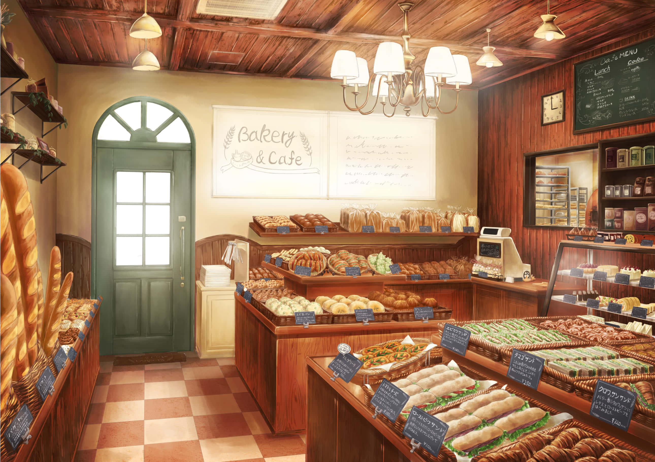 Bakery 桌布 壁紙 — 溫暖燈光的麵包咖啡館，木架上陳列新鮮麵包、糕點和三明治，下方是復古吊燈。
