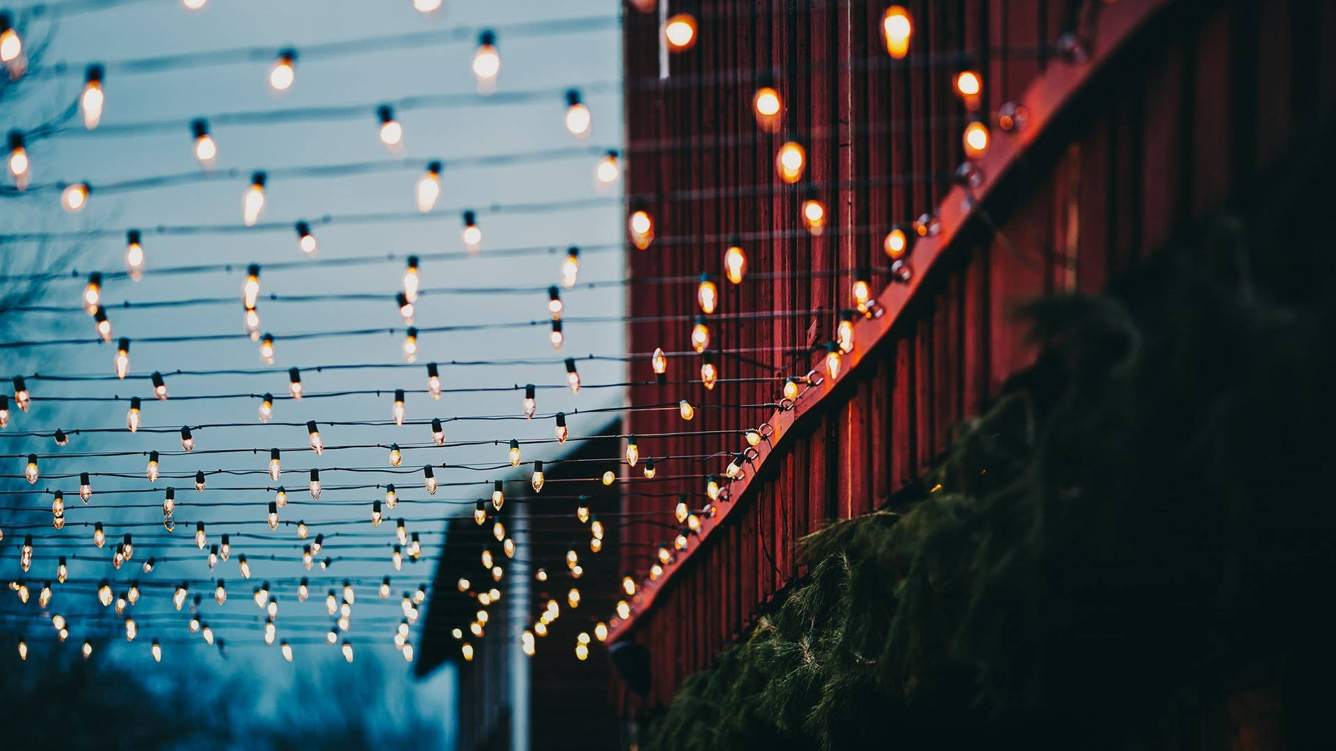 Christmas Lights Aesthetic 桌布 壁紙 — 溫暖發光的串燈斜掛在暮色天空和紅色木質壁板上。