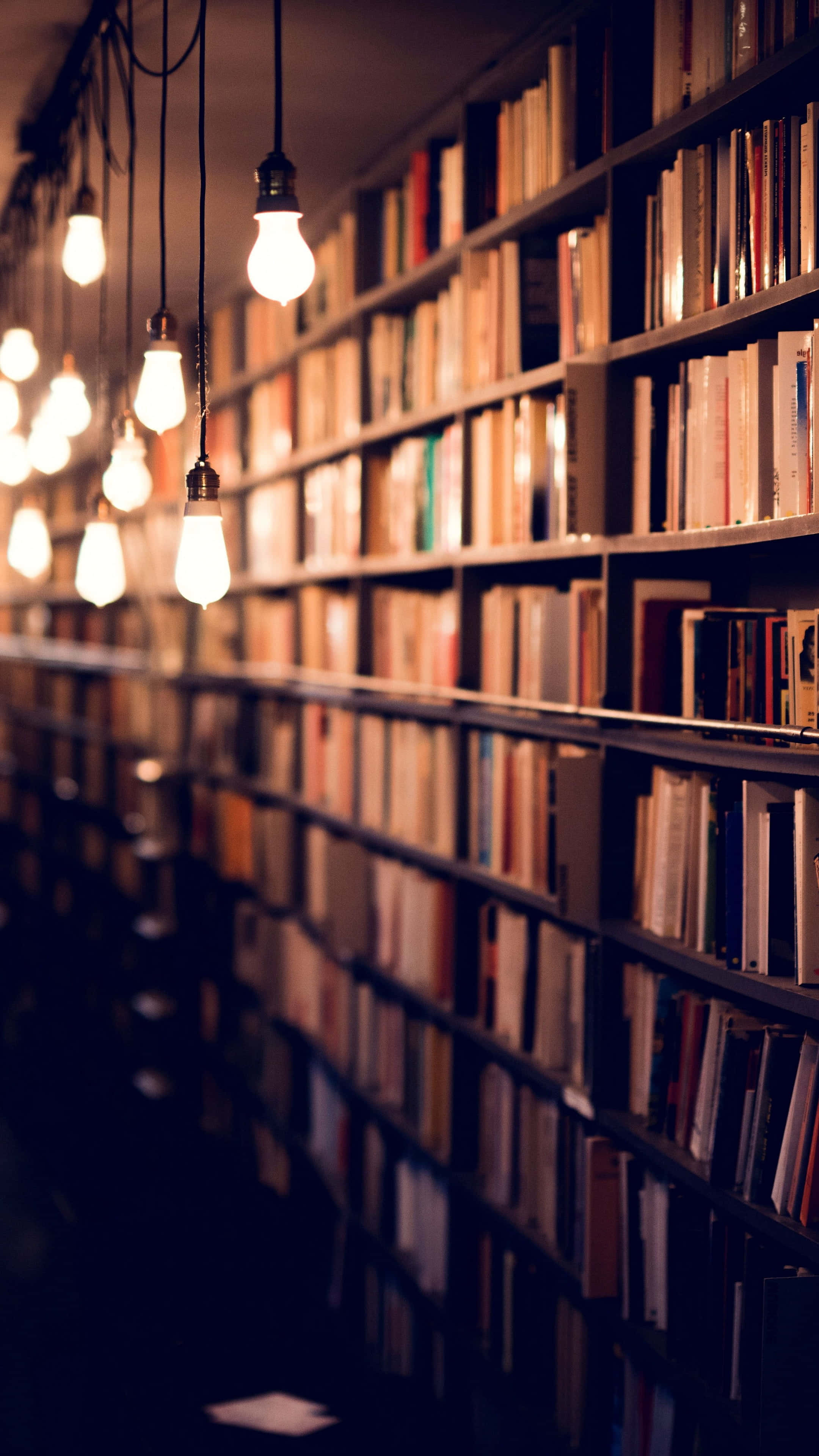 Books iPhone 桌布 壁紙 — 溫暖發光的燈泡懸掛在舒適昏暗的圖書館通道中無盡的書架上方。