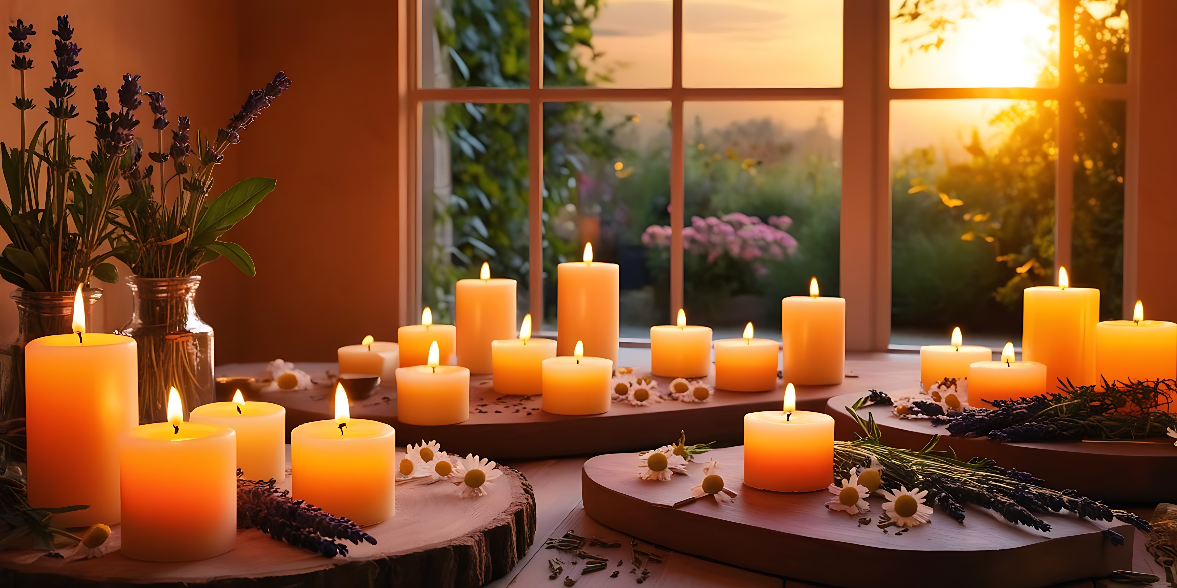 candles 桌布 壁紙 — 溫暖發光的蠟燭排列在木片上，配以薰衣草和雛菊，靠近陽光照射的窗戶。