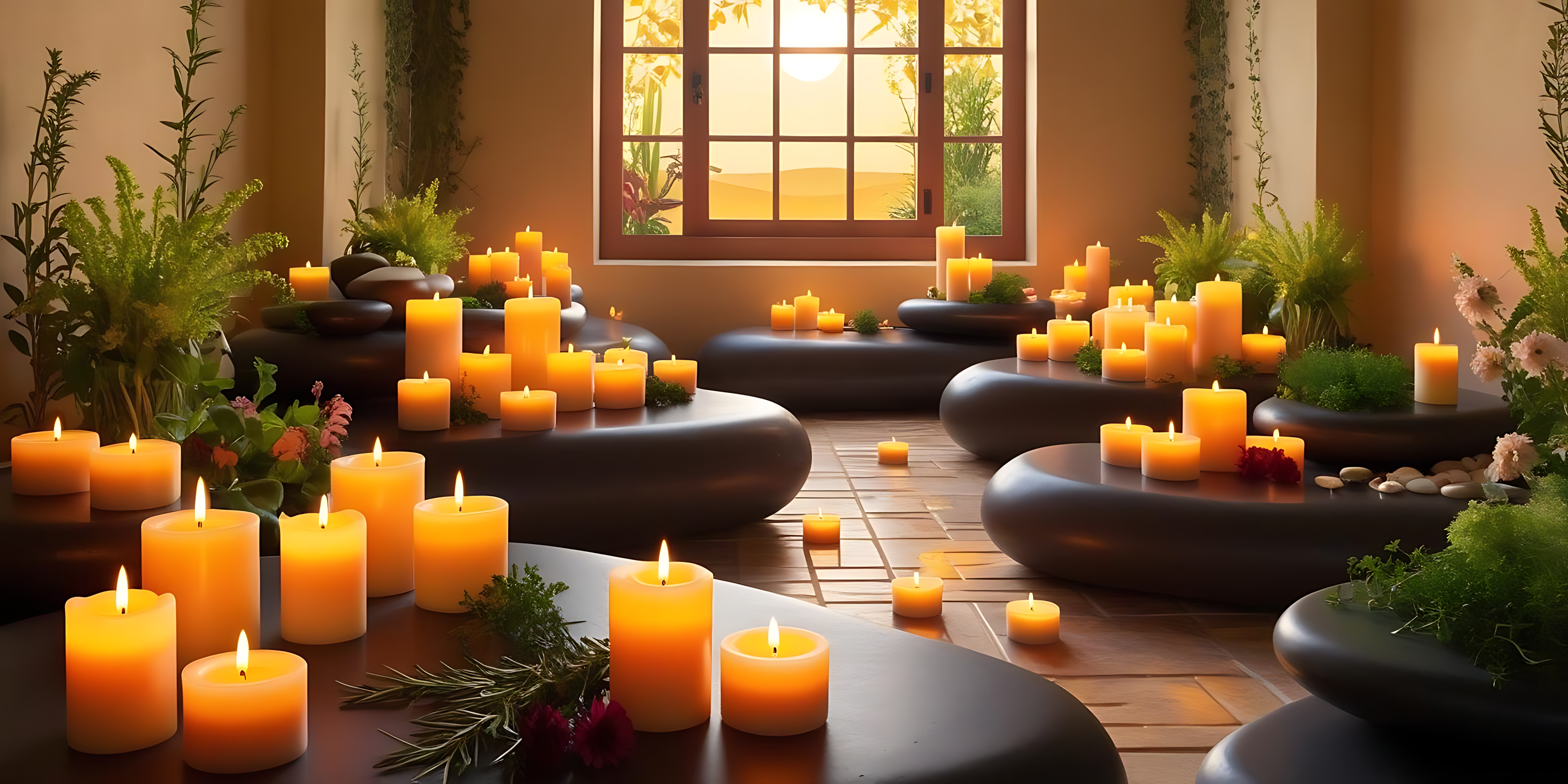 candles 桌布 壁紙 — 溫暖發光的蠟燭照亮了一個寧靜的水療室，裡面有石凳和茂密的綠色植物，沐浴在金色的日落光線中。