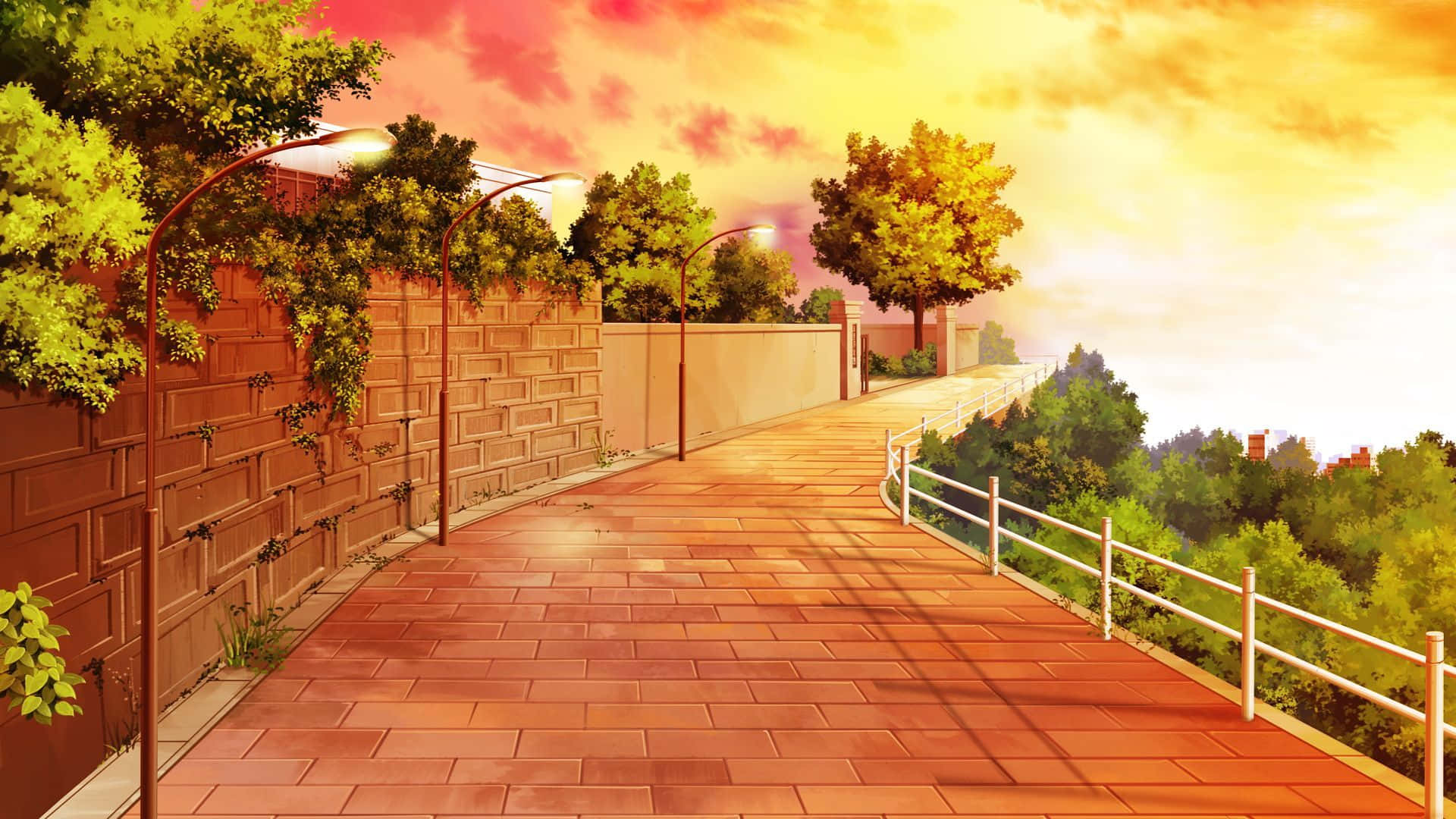 Anime Park Scenery 桌布 壁紙 — 溫暖的夕陽灑落在寧靜的磚砌小徑上，小徑兩旁種滿樹木和路燈，在道路上投下長長的影子。