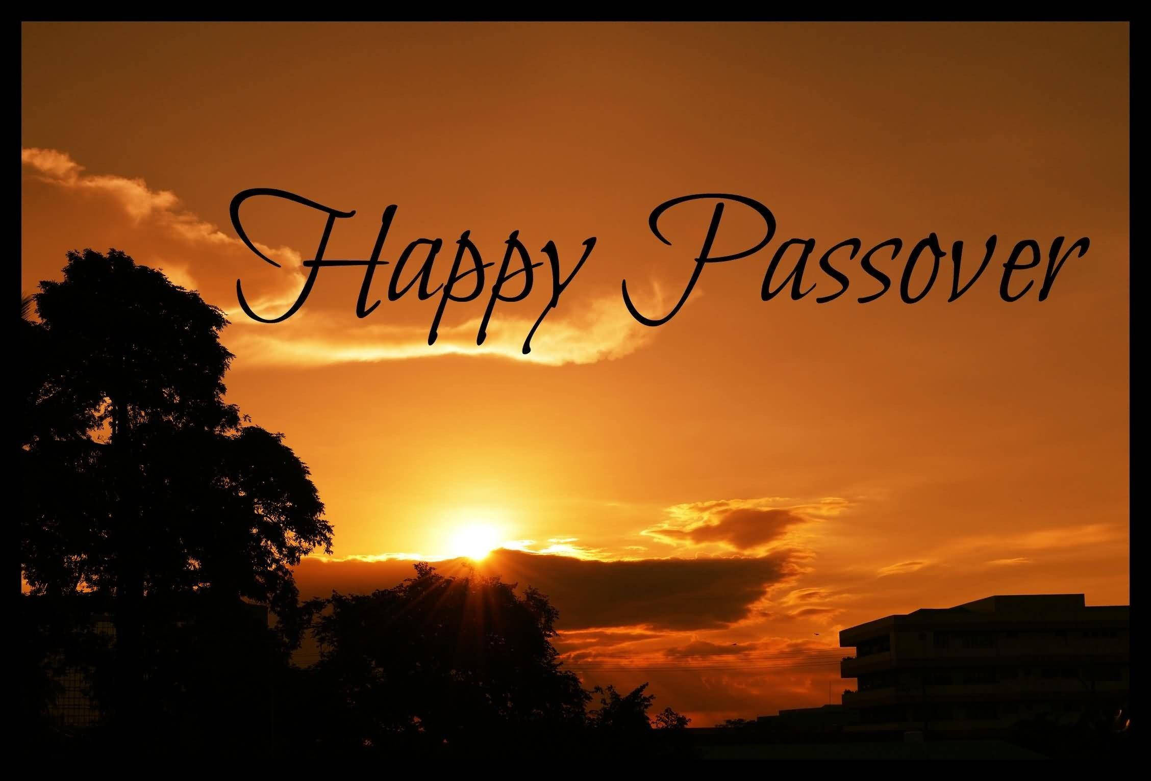 Passover 桌布 壁紙 — 溫暖的日落，陽光穿過雲層，照耀在剪影樹木和建築物上，並帶有「Happy Passover」文字。